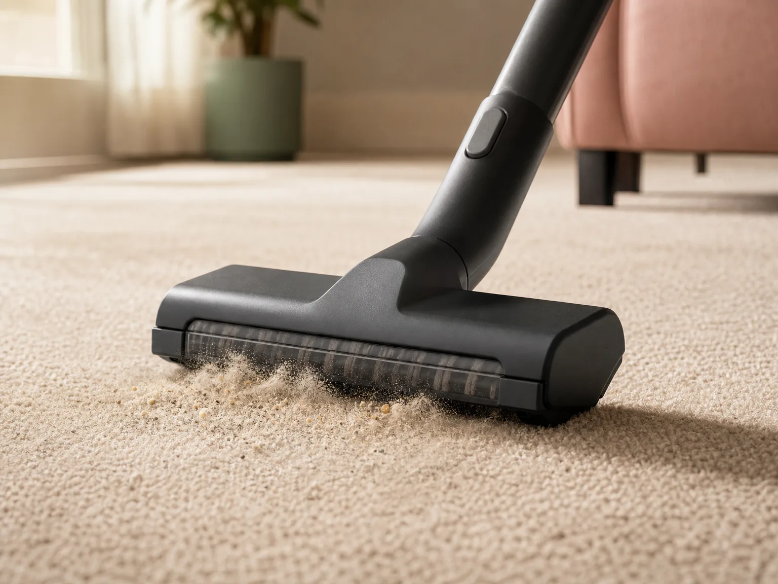 Close-up of a commercial upright vacuum brush head pulling grit from a medium-pile office carpet