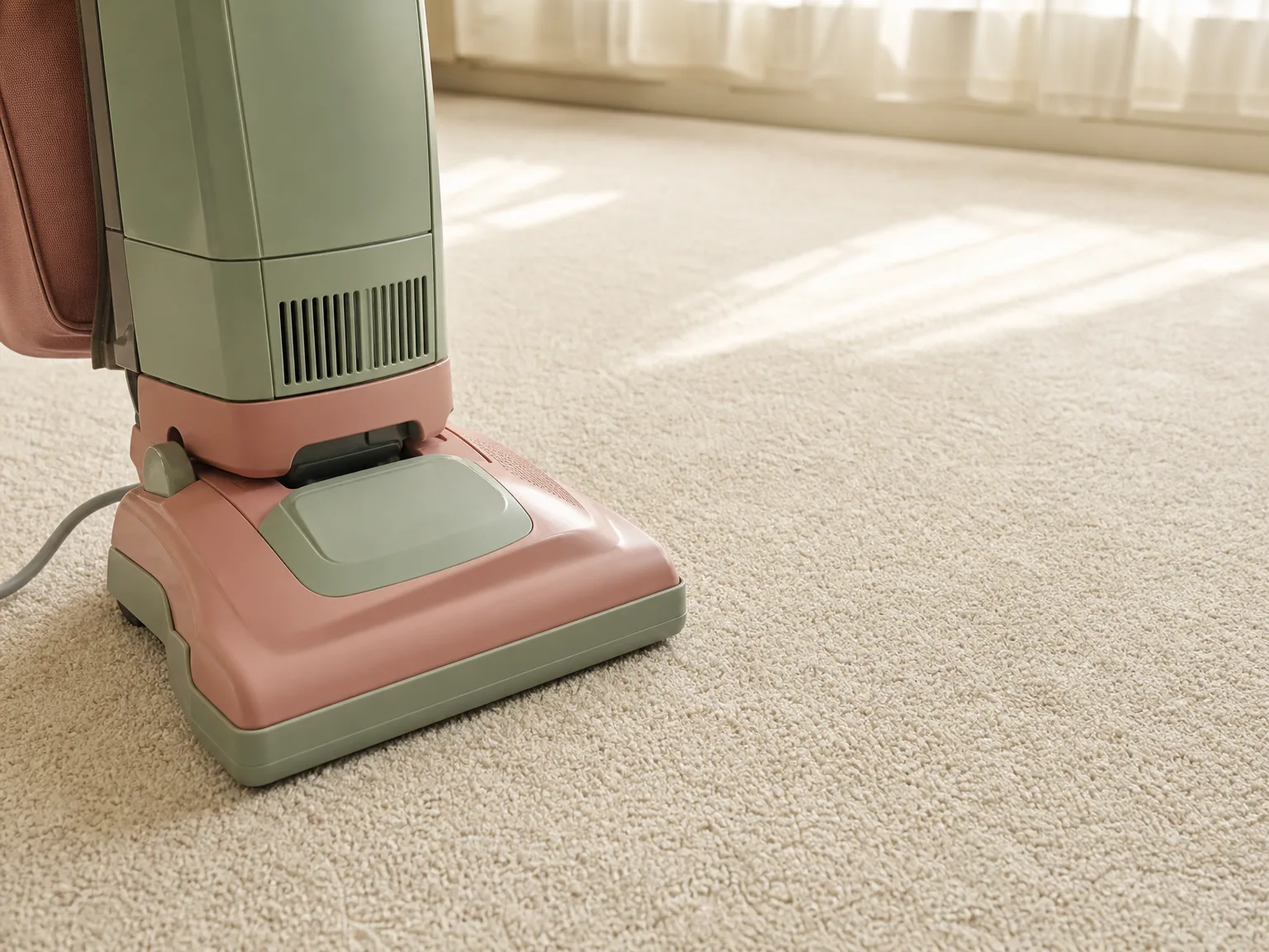 Close-up of a commercial upright vacuum base on carpet with no hose or wand attachments nearby