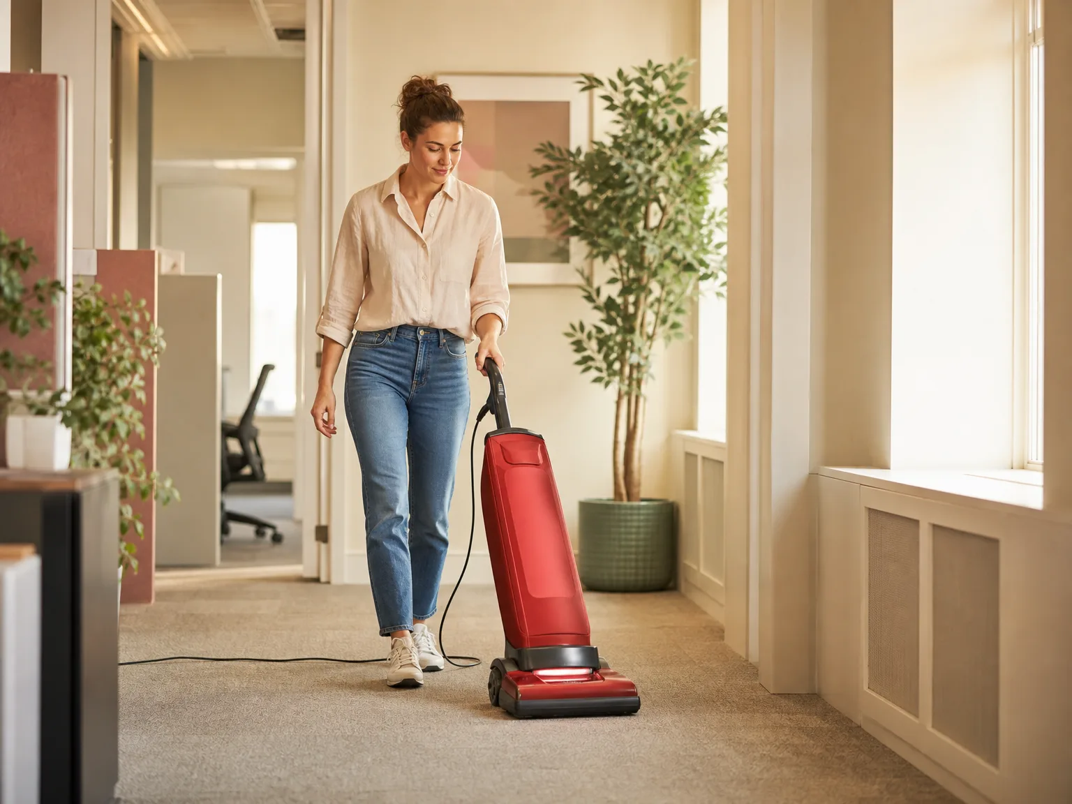 Woman guiding a red commercial upright vacuum across a sunlit carpeted office hallway