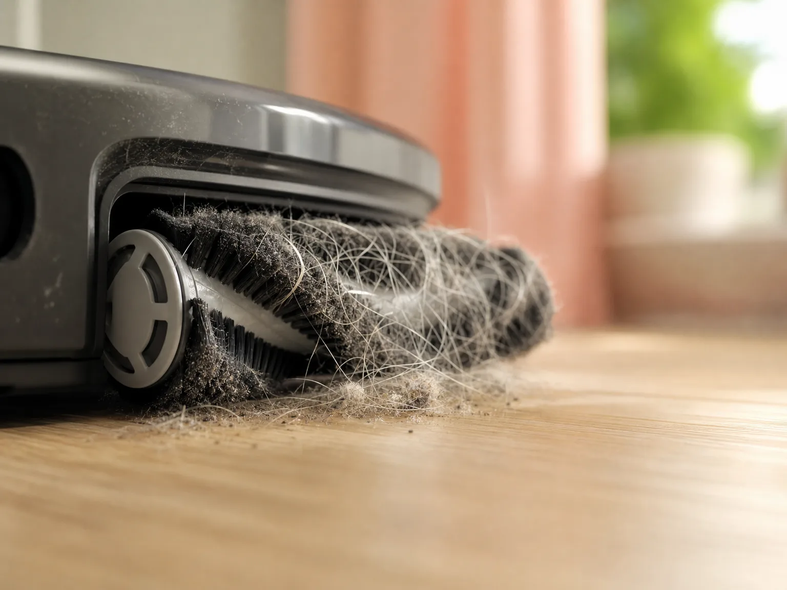 Close-up of a robot vacuum brushroll lifting pet hair from a hardwood floor in warm morning light