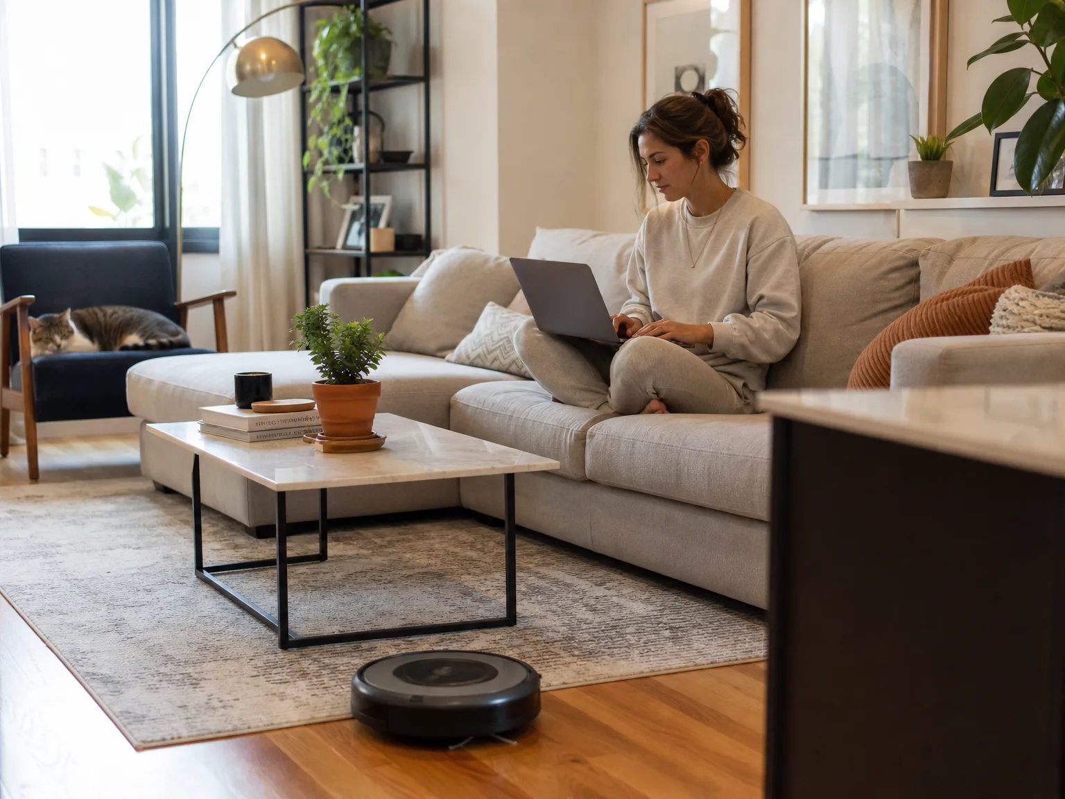 A robot vacuum cleaning a sunlit hardwood living room while a woman works on a laptop on a cream sofa