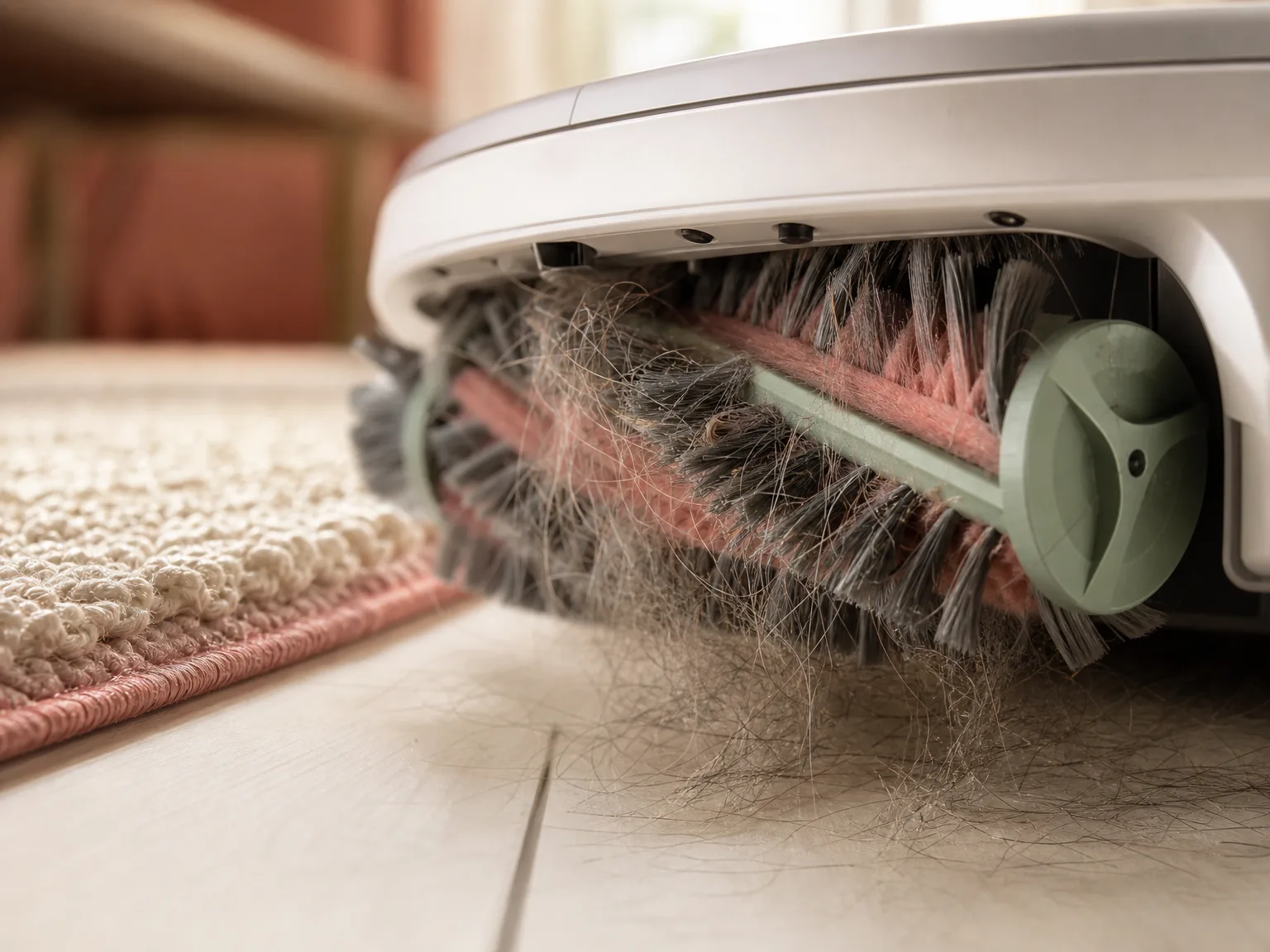 Close-up of a robot vacuum brush roller lifting pet hair from cream hardwood near a rug edge
