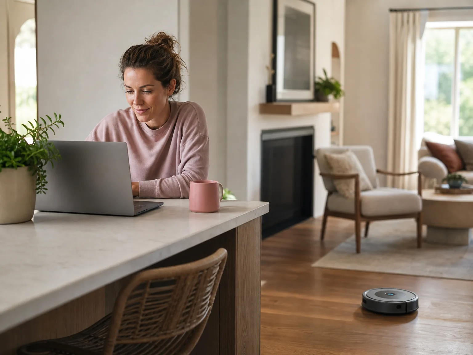Woman working at a kitchen island while a compact robot vacuum cleans hard floors in the living area