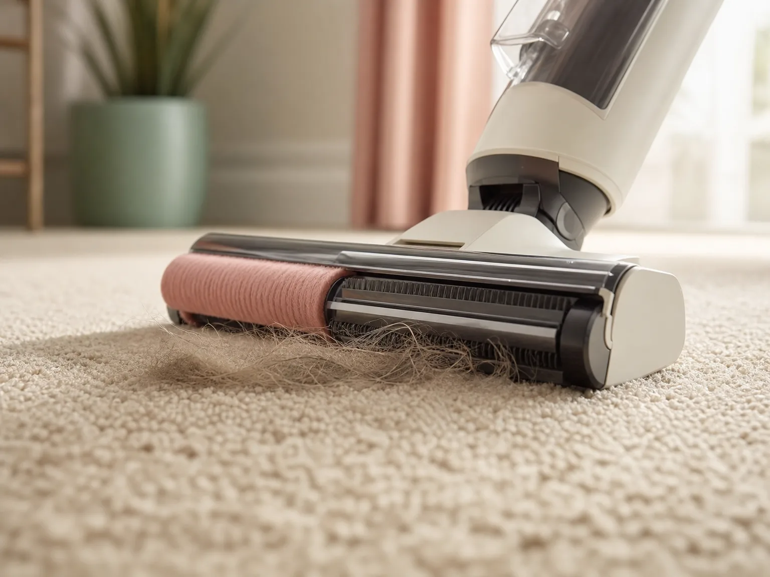 Close-up of a dual-roller upright vacuum head lifting pet hair from a beige medium-pile rug