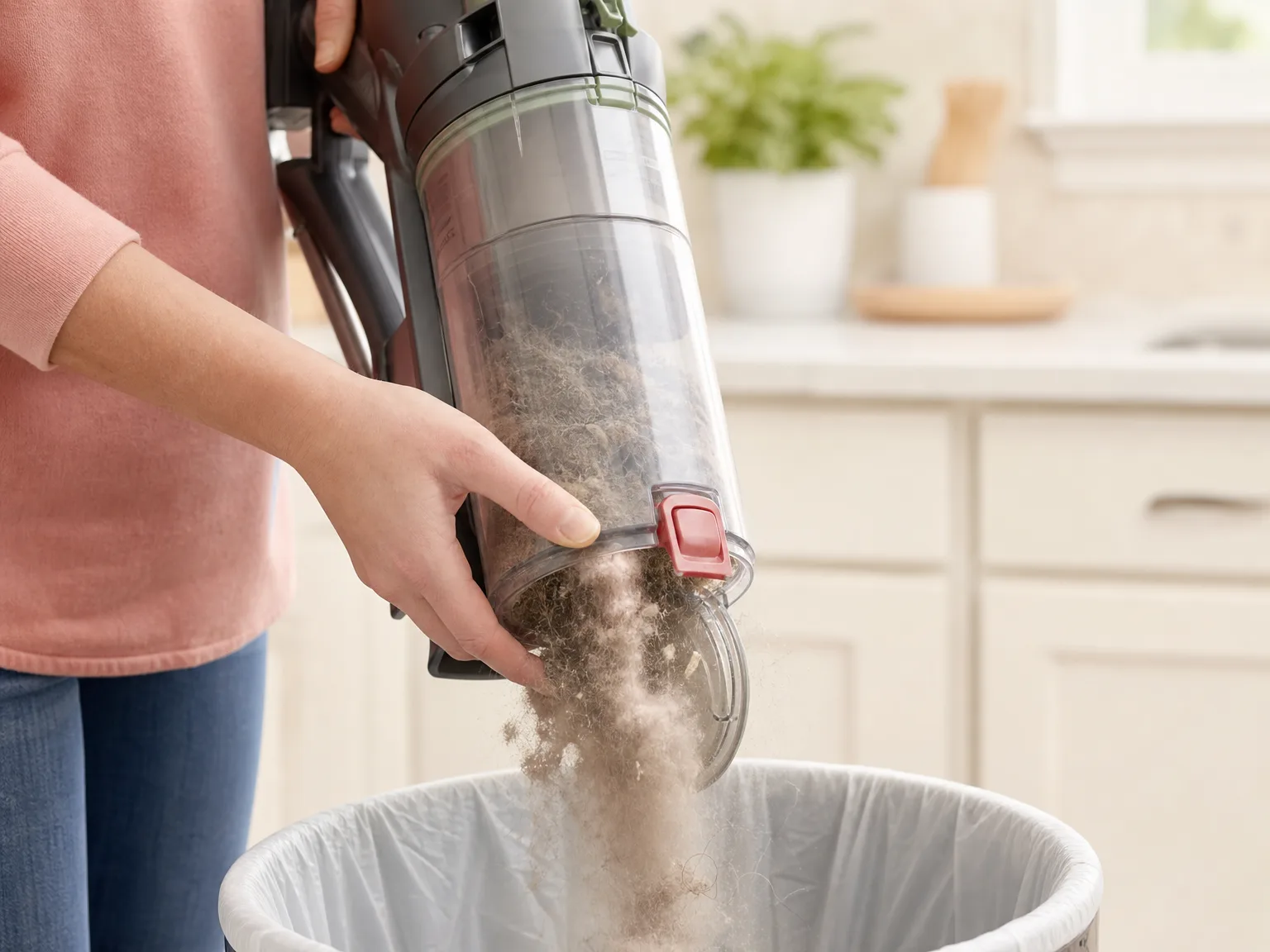 Close-up of a bagless upright dust cup being emptied into a trash bin in a bright kitchen