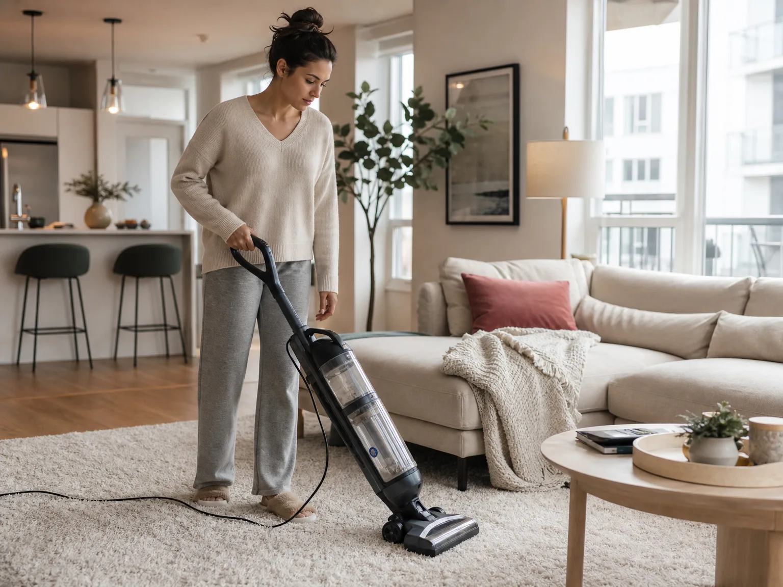 Woman guiding a corded upright vacuum across a sunlit thick living room carpet