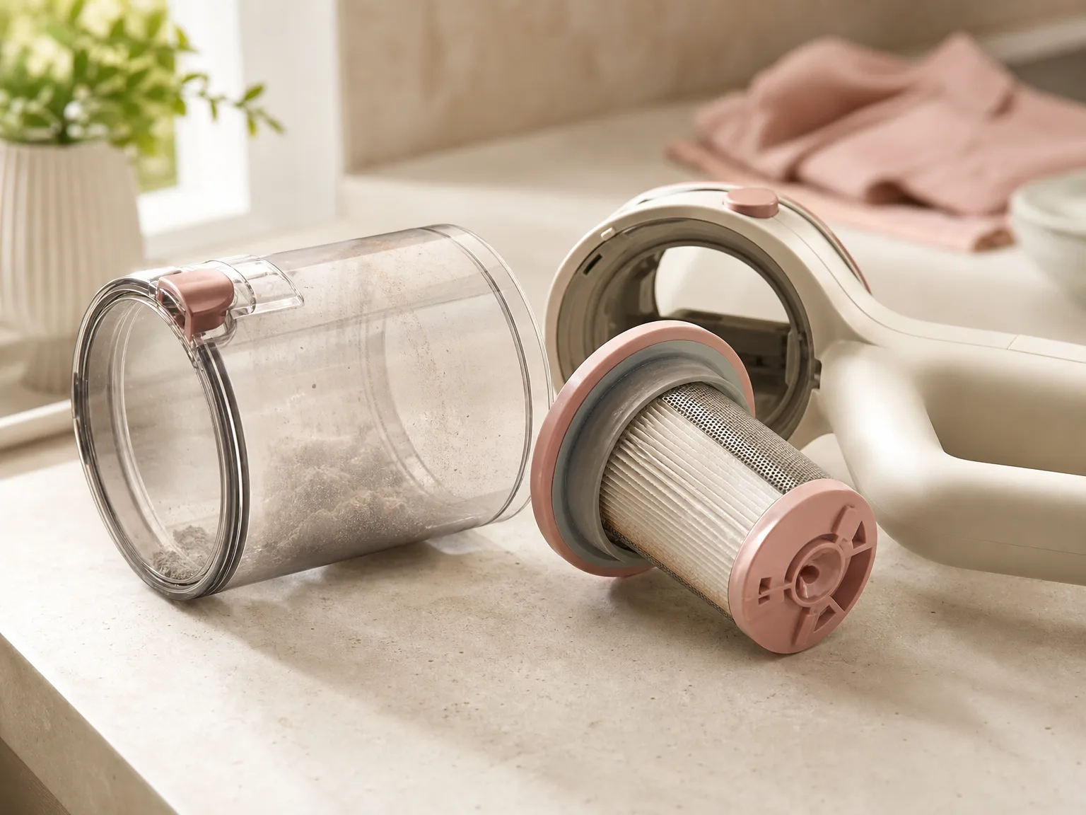 Close-up of a cordless stick vacuum filter and dust-cup area on a warm cream countertop in soft morning light
