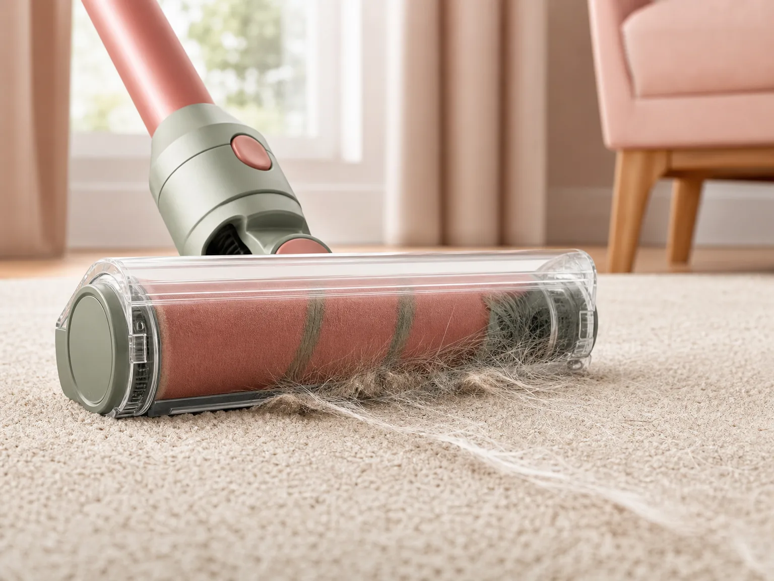 Close-up of a cordless vacuum brush head and debris path on a beige low-pile rug in warm window light