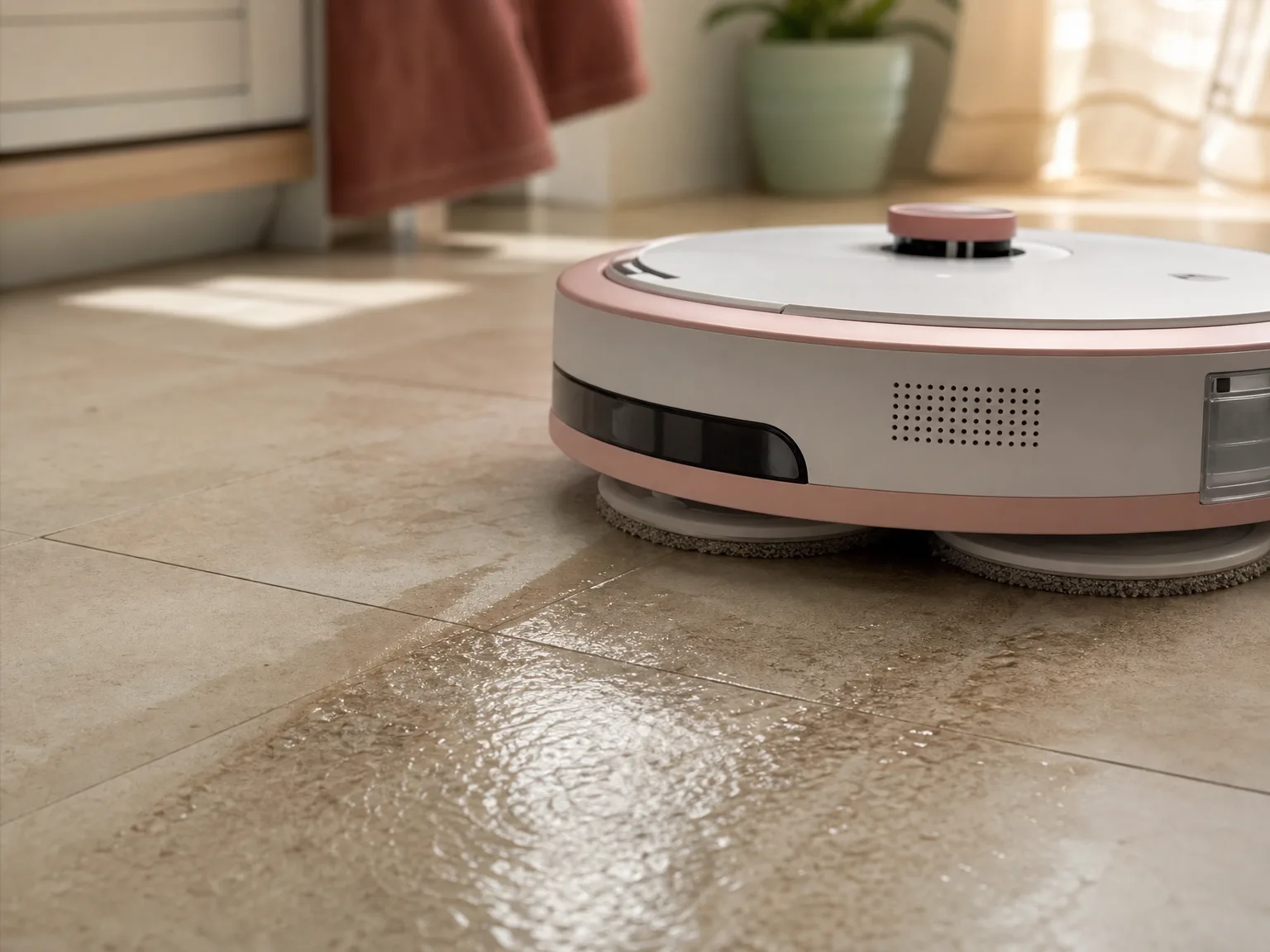 Close-up of a robot vacuum sonic mop pad scrubbing sealed tile with a light water sheen