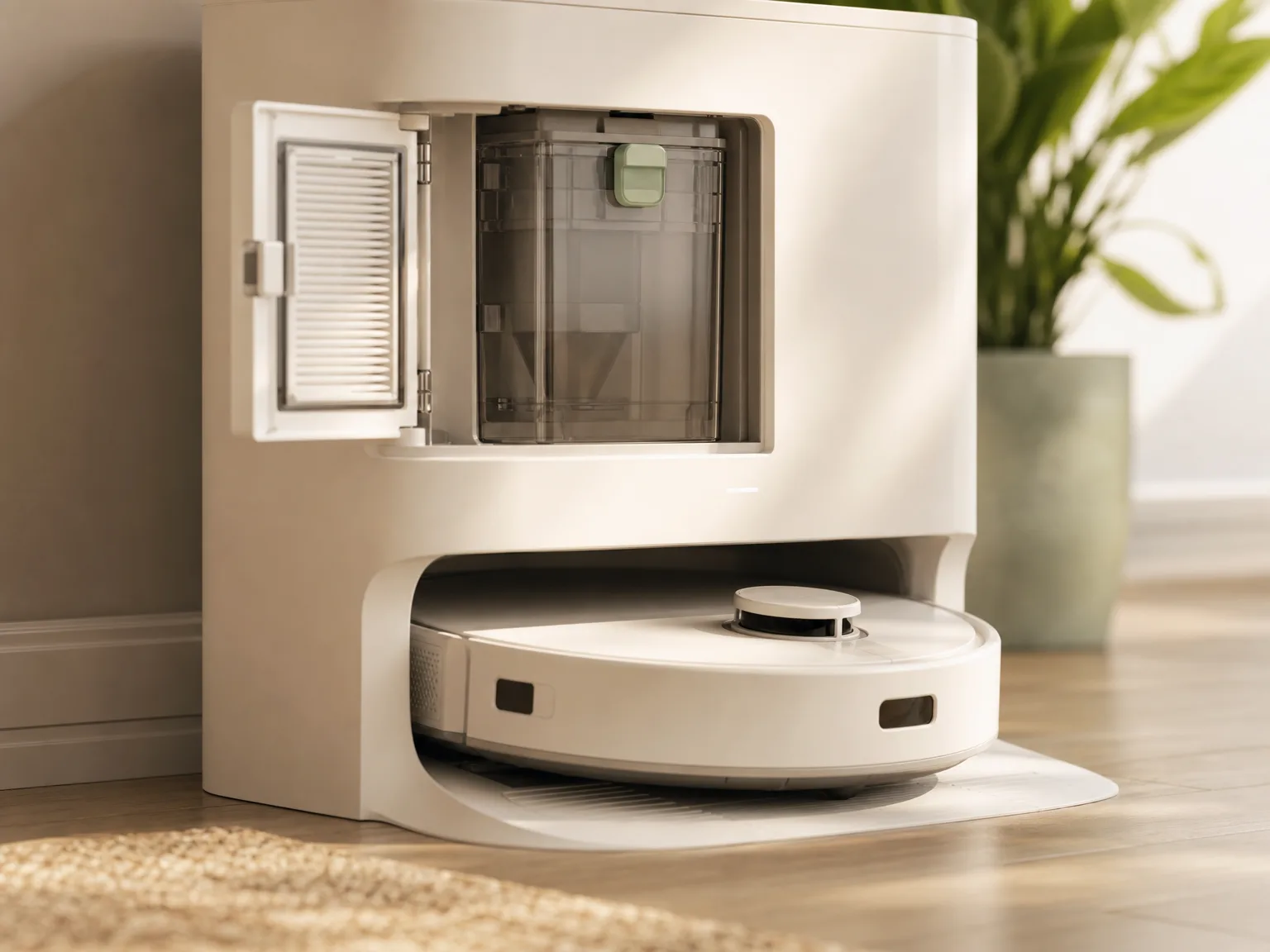 Close-up of a bagless robot vacuum self-empty base on cream hardwood with a HEPA filter door ajar