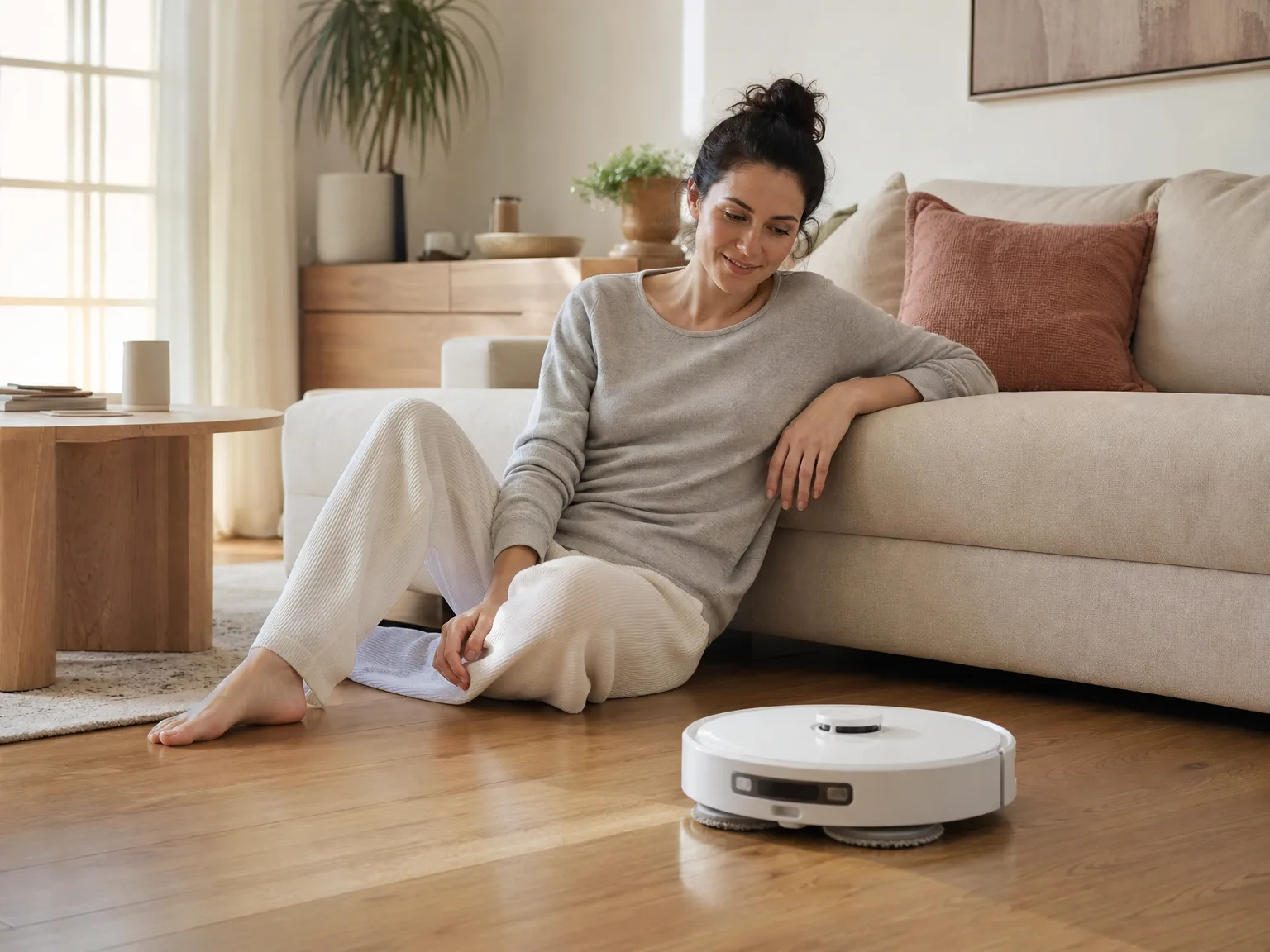 Woman watching a robot vacuum mop sealed hardwood near a cream sofa in a sunlit living room