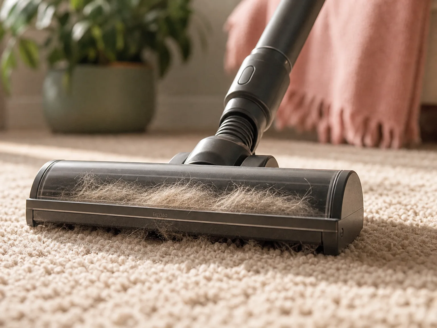 Close-up of an upright vacuum brush head pulling pet hair from a medium-pile beige carpet