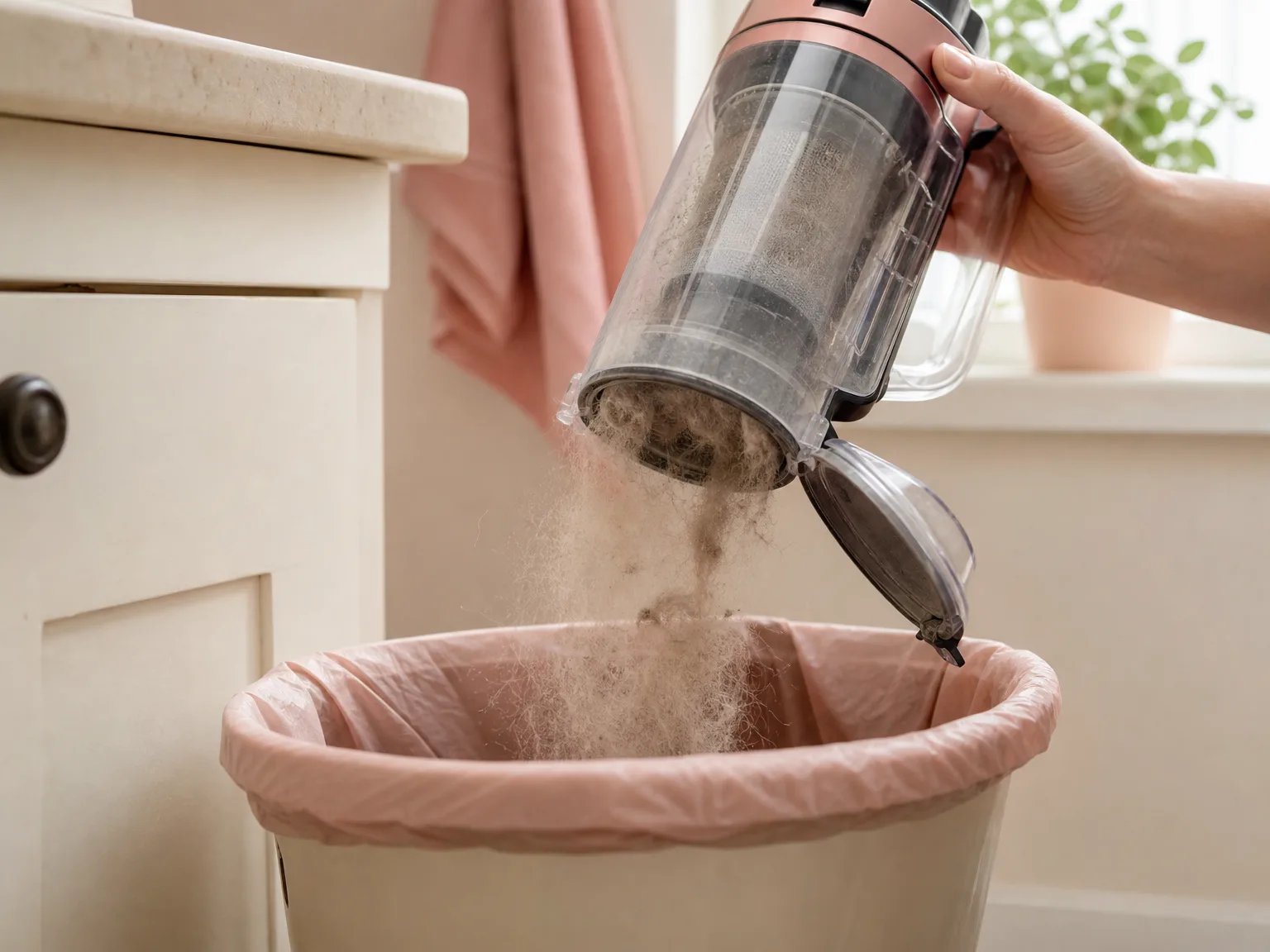 Close-up of a bagless dust cup bottom-release latch over a trash bin with fine dust on the rim