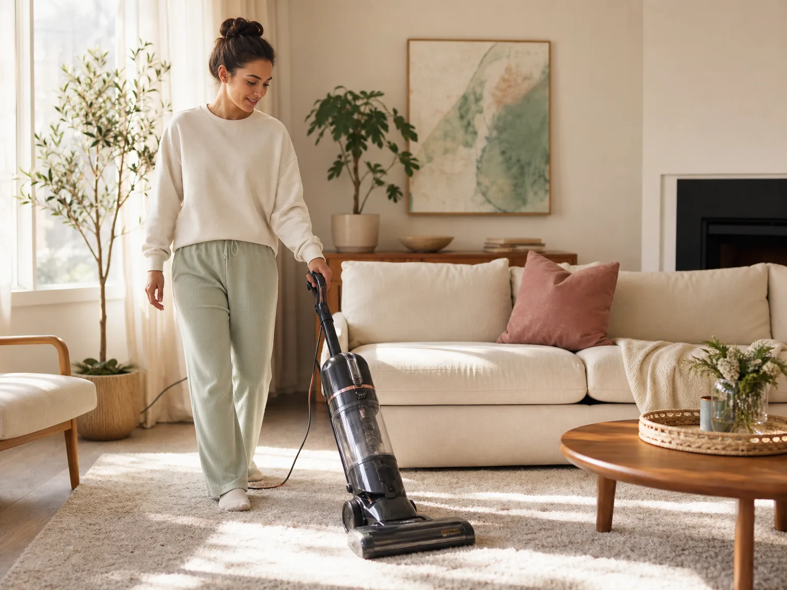 Woman guiding a white upright vacuum across a sunlit living room carpet with a cream sofa nearby
