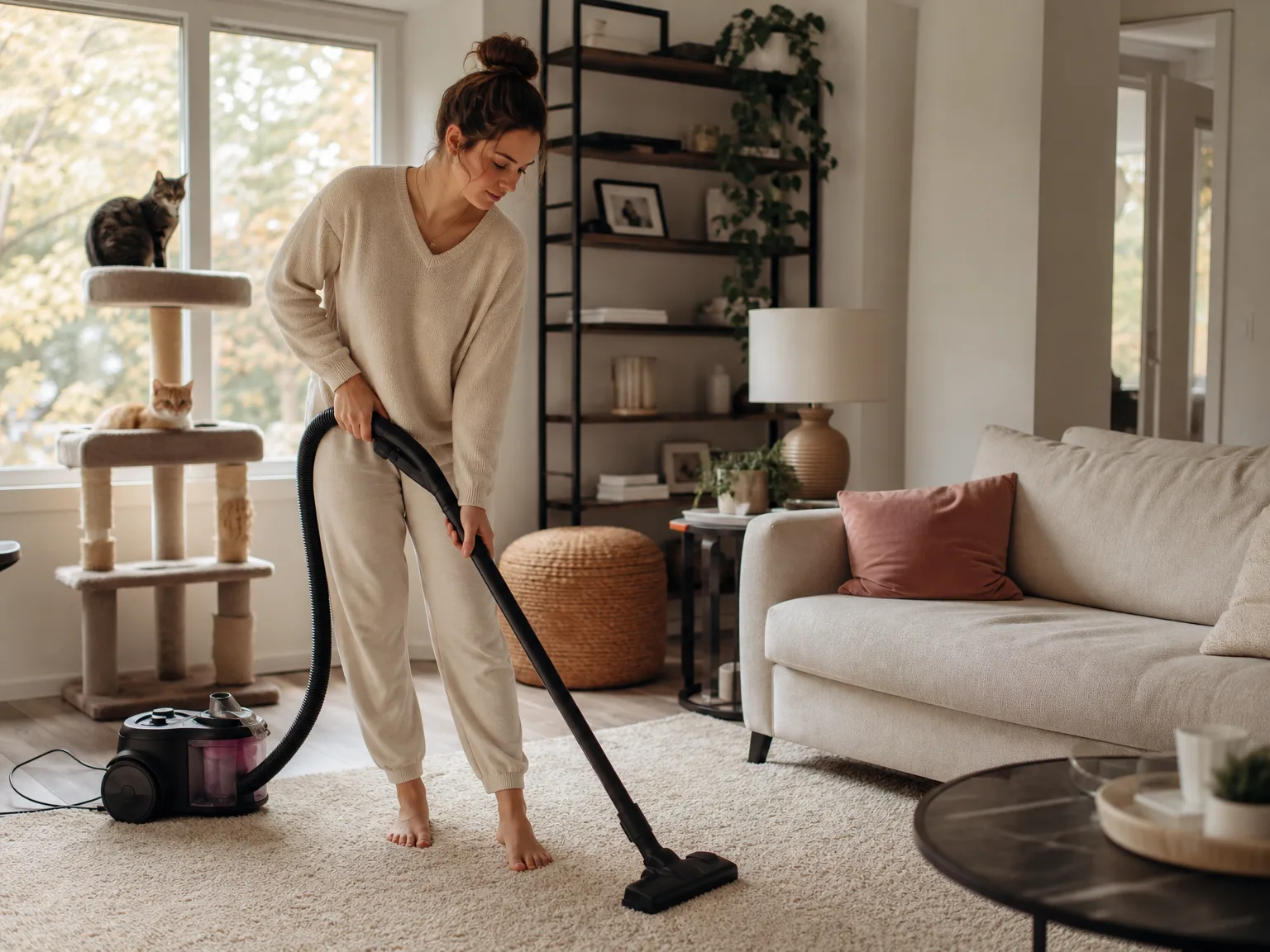 A woman in her early thirties vacuuming a medium-pile living room rug with the Shark NV501, warm natural window light, casual loungewear, lived-in room with a cream sofa