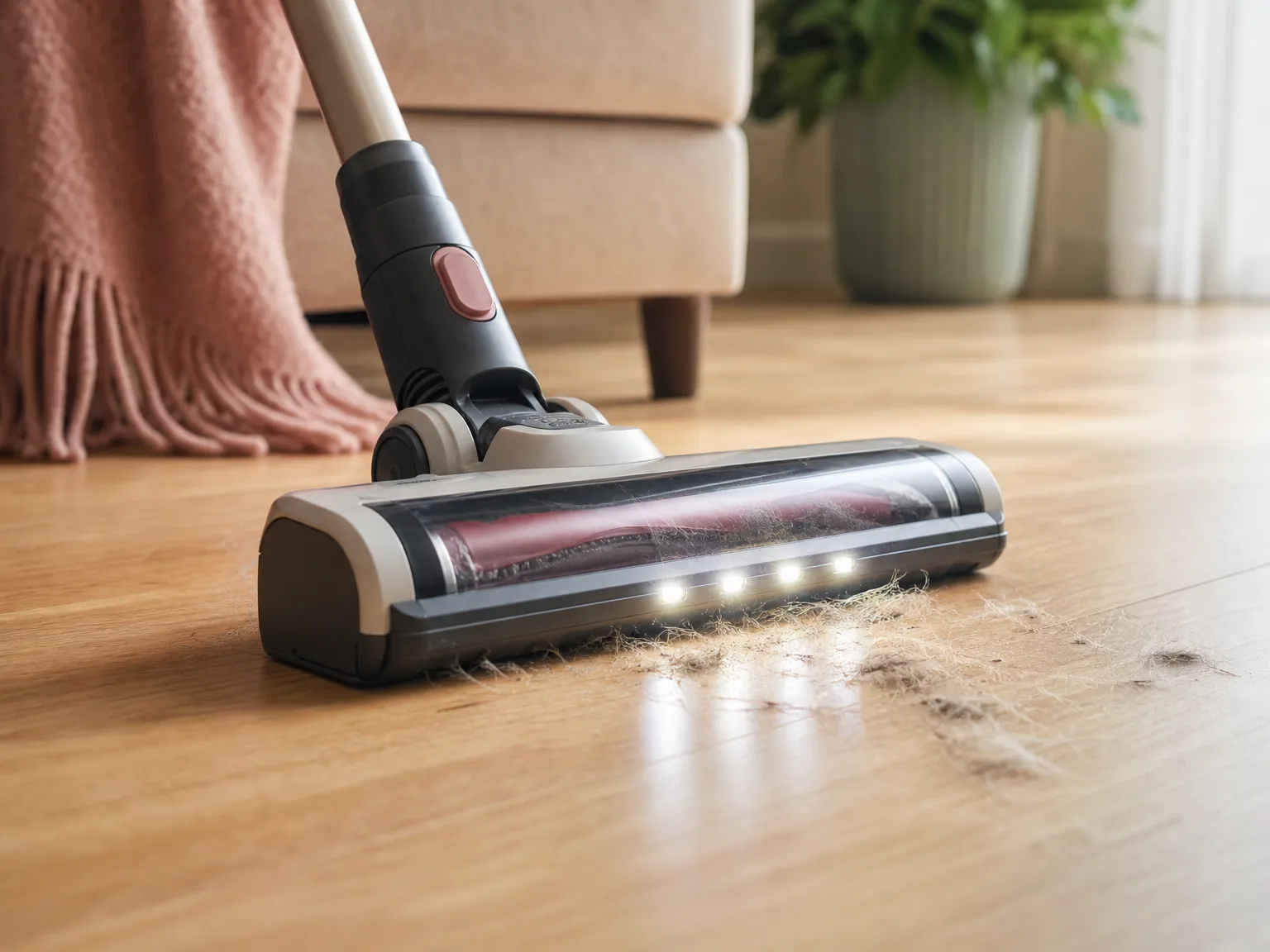 Close-up of a cordless stick vacuum brush head with LED headlights illuminating pet hair on warm hardwood flooring