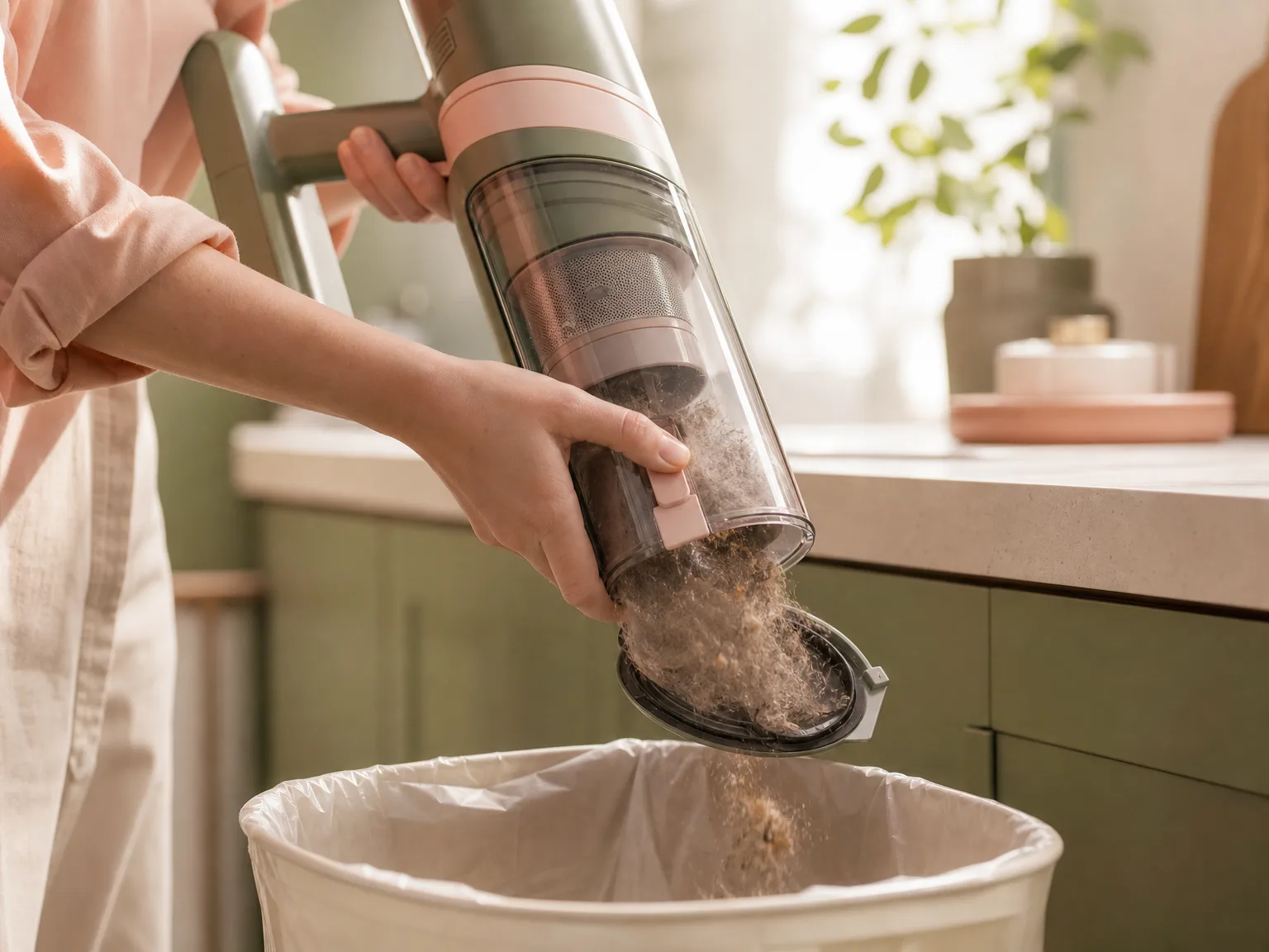 Close-up of a cordless stick vacuum XL dust cup eject mechanism over a trash bin in soft morning light