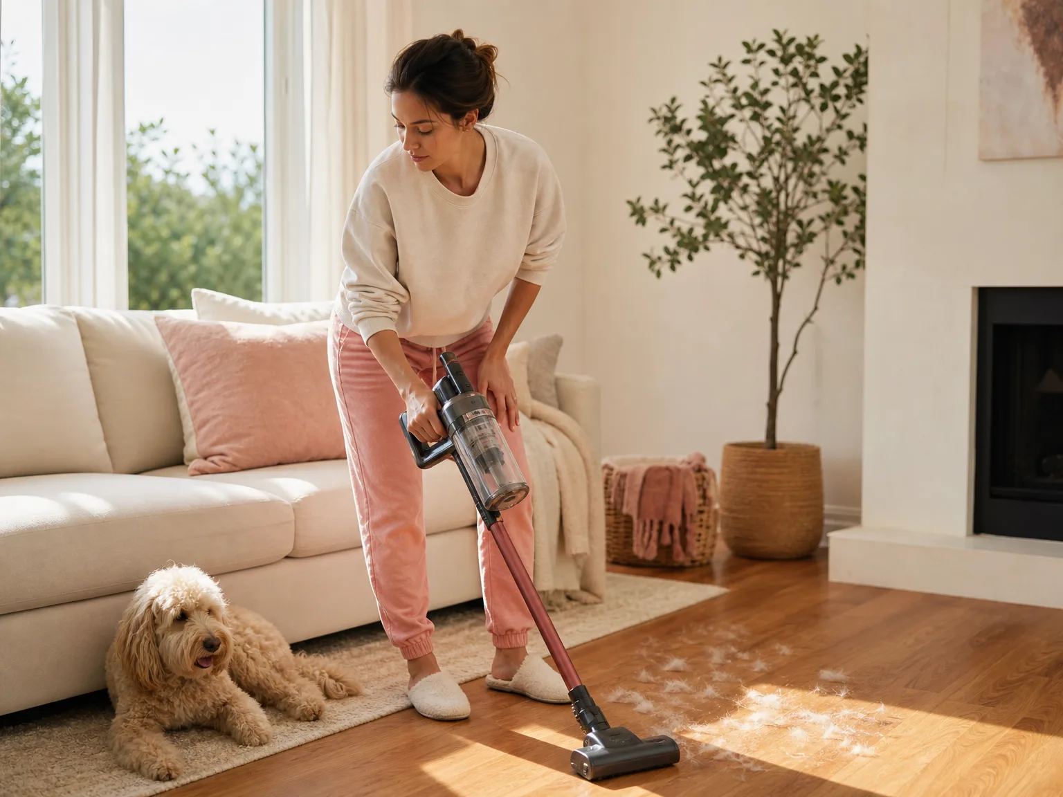 A woman in her early thirties vacuuming sunlit hardwood near a cream sofa after pet shedding, cordless stick vacuum in mid-pass