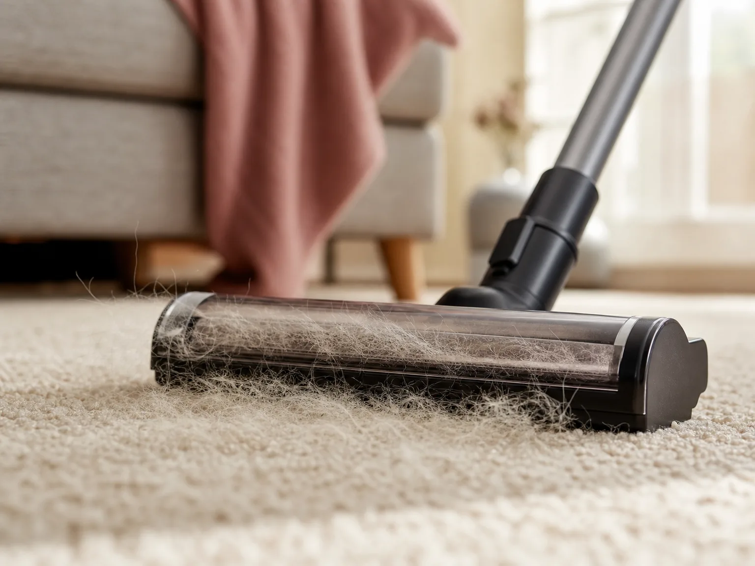 Close-up of a vacuum brush head lifting pet hair from a beige carpet