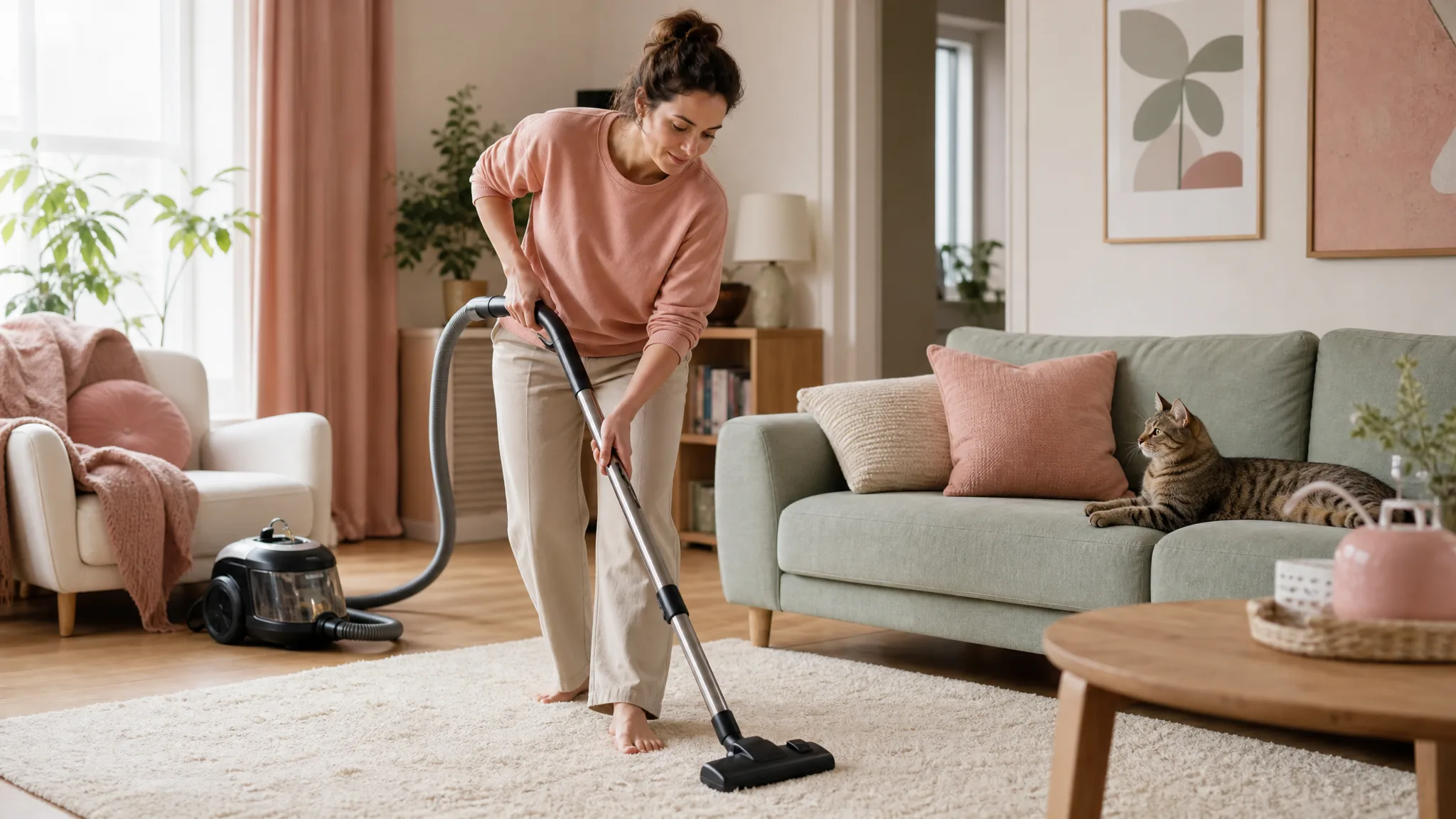 A cordless stick vacuum standing upright in a sunlit living room with a dog resting on a cream rug nearby
