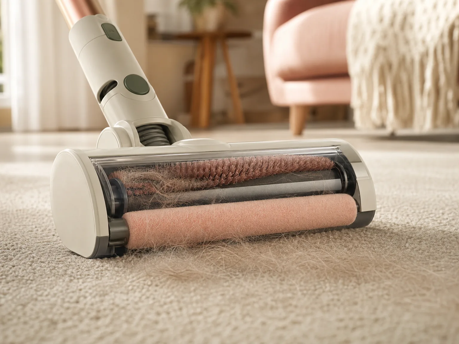 Close-up of a dual brushroll stick vacuum head lifting pet hair from a low-pile beige rug in warm window light