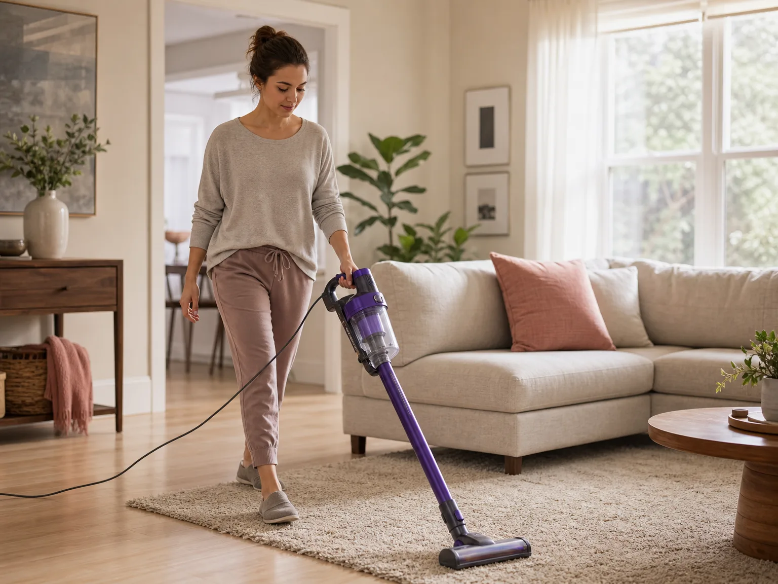 A woman in her early thirties guiding a purple corded stick vacuum from hardwood onto a living-room rug in sunlit morning light