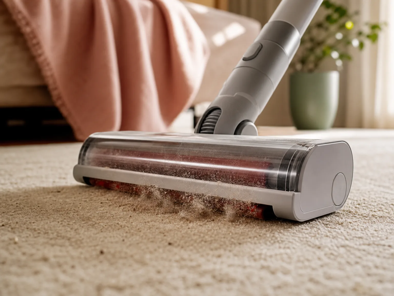 Close-up of a stick vacuum brush head lifting dust from a low-pile living-room rug in warm window light