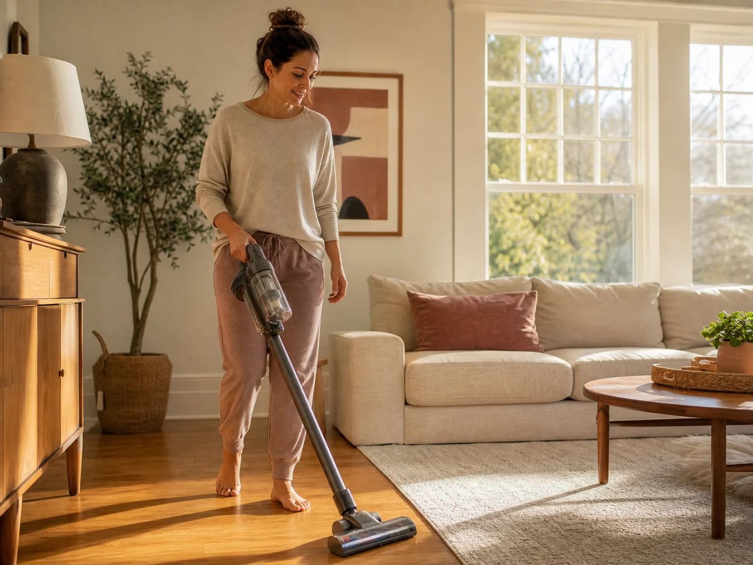 A woman in her early thirties guiding a fuchsia corded stick vacuum across sunlit hardwood toward a low-pile rug
