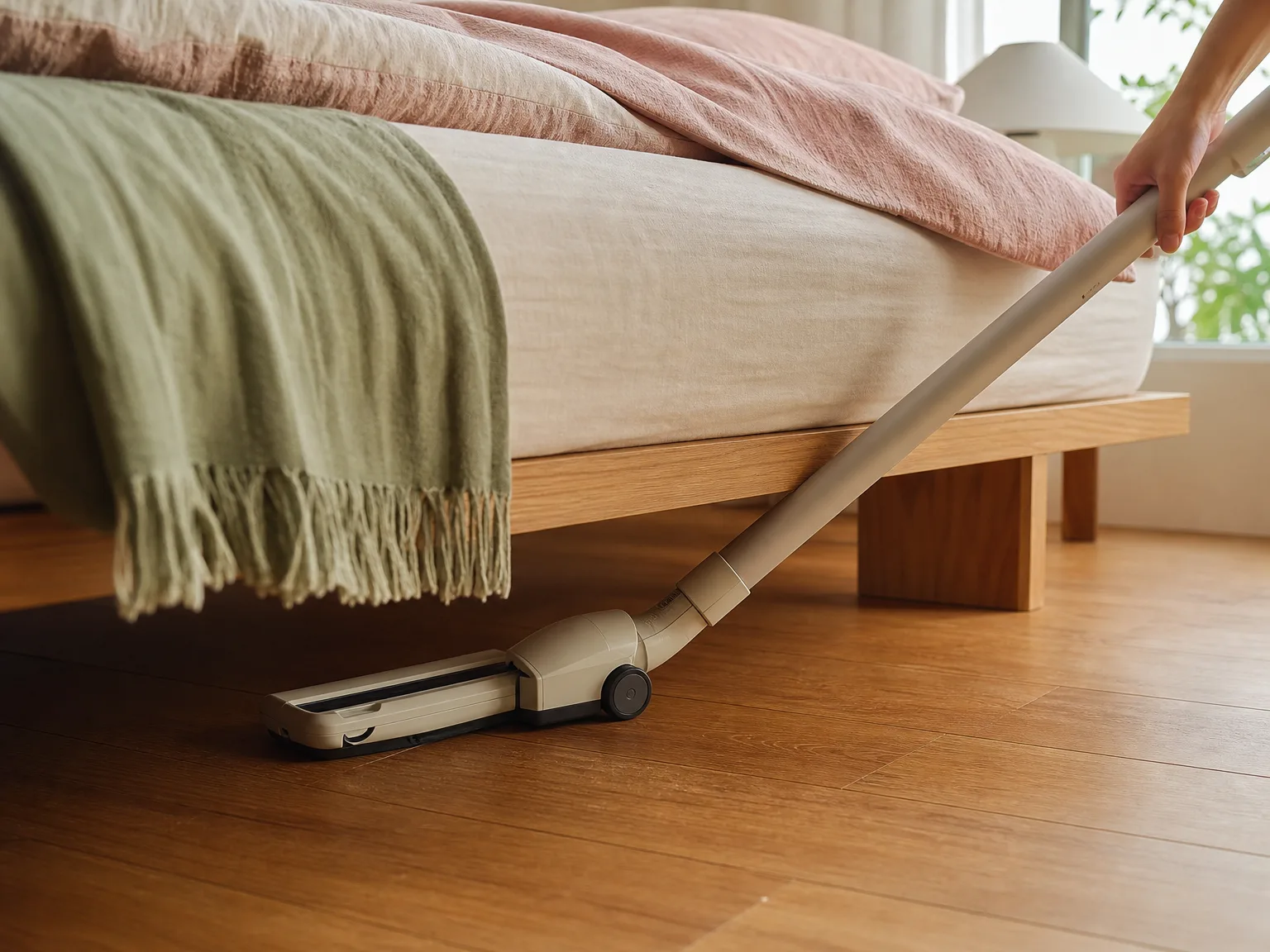 Close-up of a lightweight stick vacuum swivel head sliding under a low bed frame on hardwood