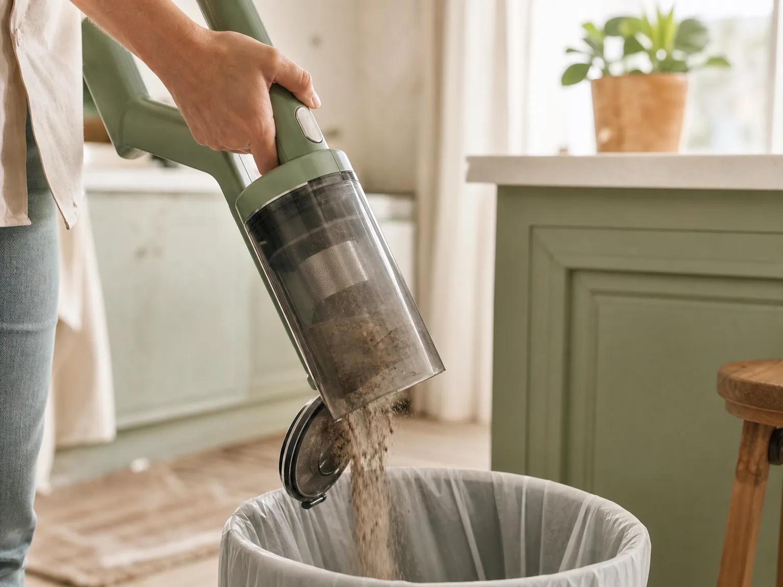 Close-up of a corded stick vacuum dust cup and handle assembly being emptied into a trash bin