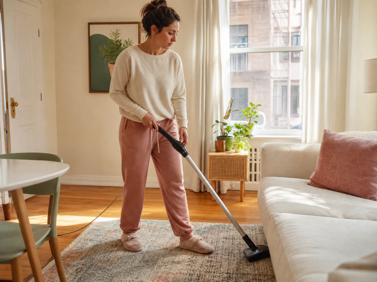 Woman vacuuming a small apartment living room with a lightweight corded stick vacuum near a cream sofa