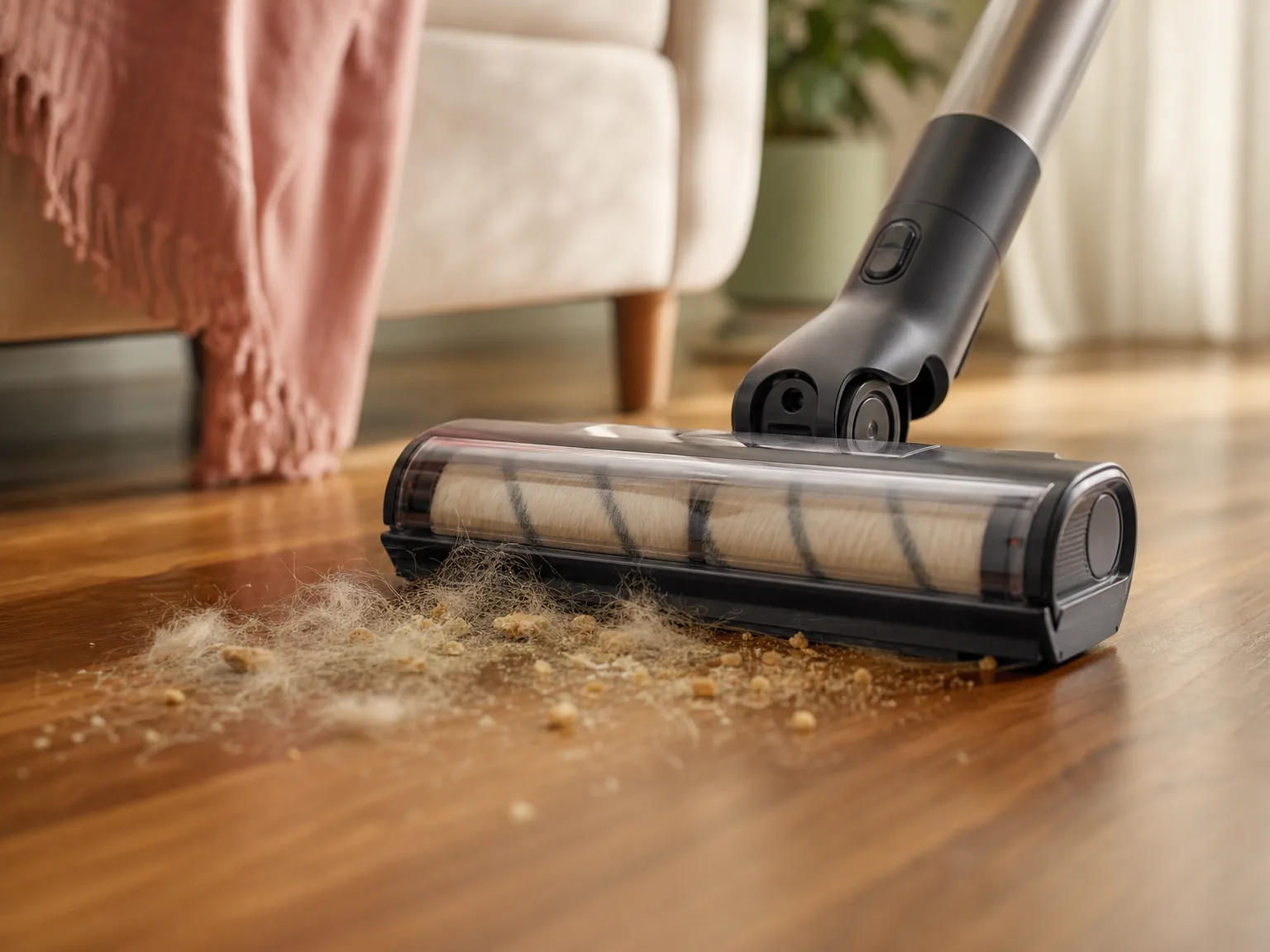 Close-up of a dual-roller cordless stick vacuum head lifting pet hair and crumbs from warm hardwood flooring in natural window light