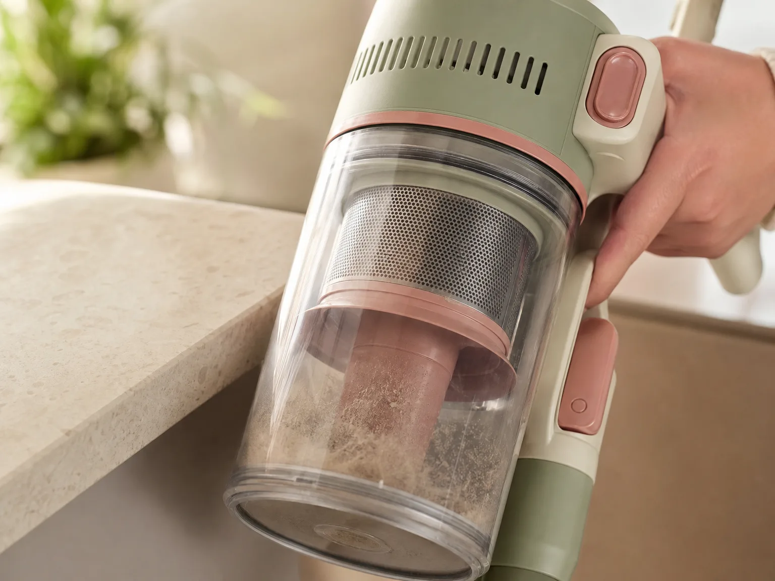 Close-up of a cordless stick vacuum dust cup and fold controls on a cream countertop in soft morning light