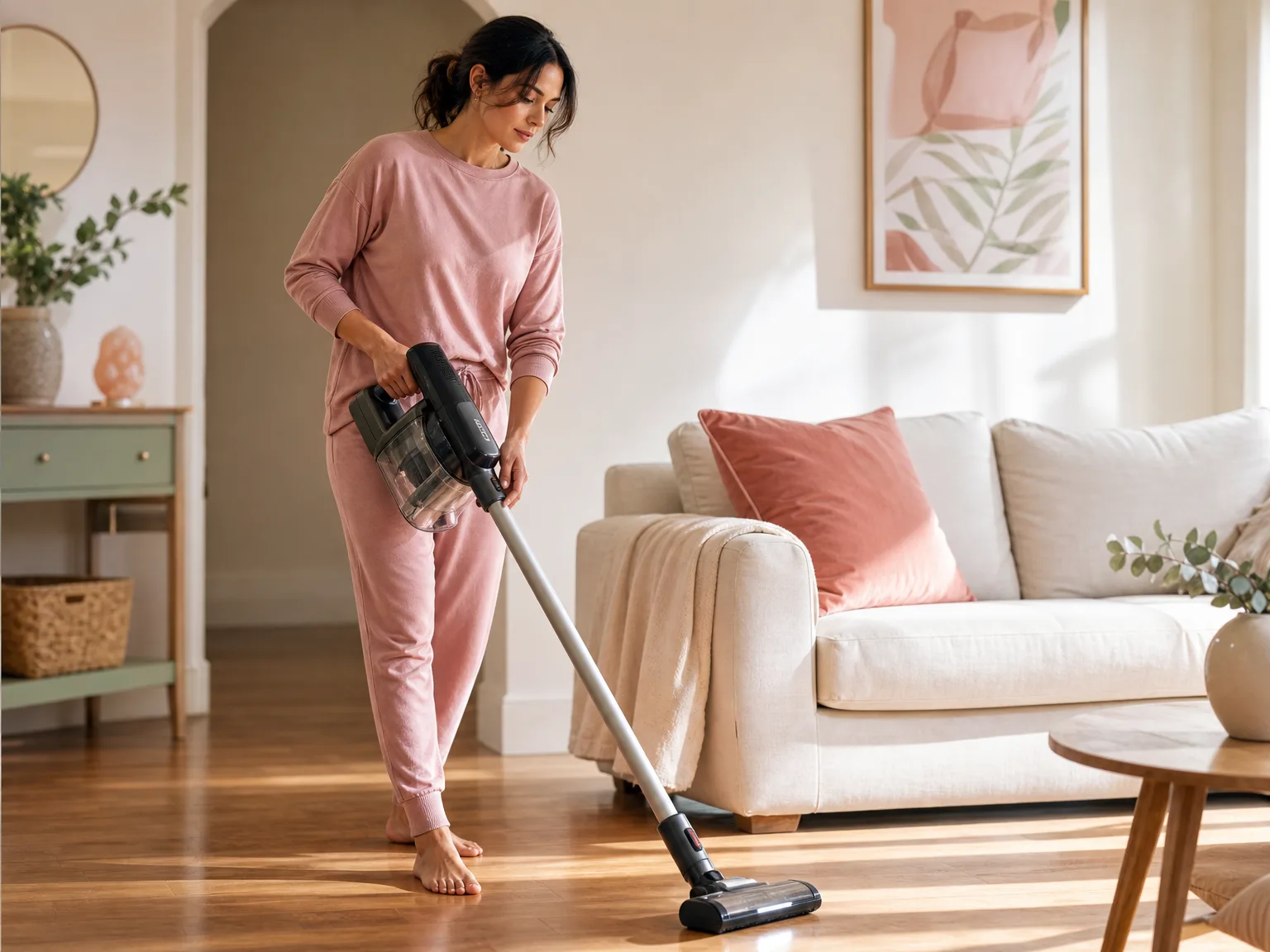 A woman in her early thirties vacuuming sunlit hardwood near a cream sofa with a dusty rose pillow, cordless stick vacuum in mid-pass