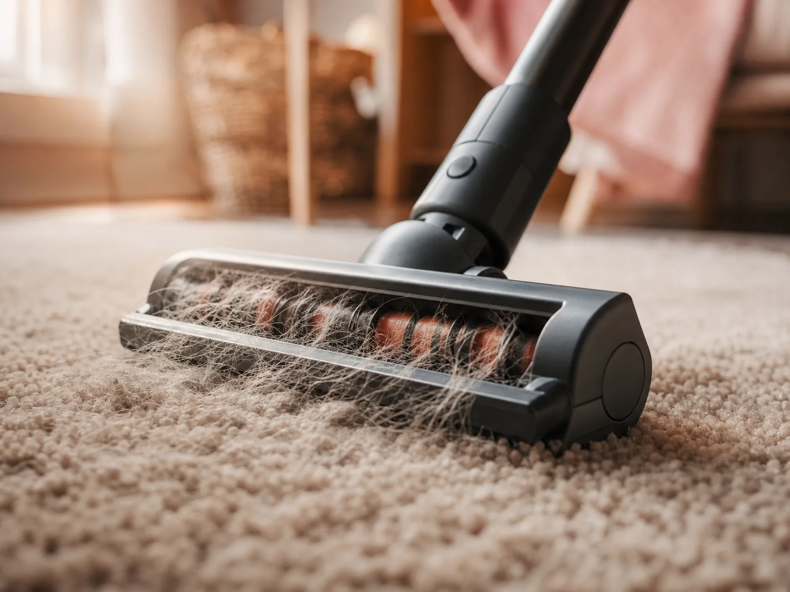 Close-up of a robot vacuum brush lifting embedded pet hair from a medium-pile beige rug, shallow depth of field, warm window light