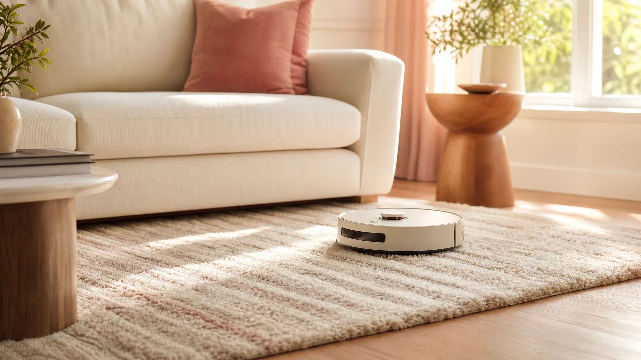 Shark Stratos robot vacuum docked at its self-emptying base in a sunlit living room with a cream sofa and medium-pile area rug
