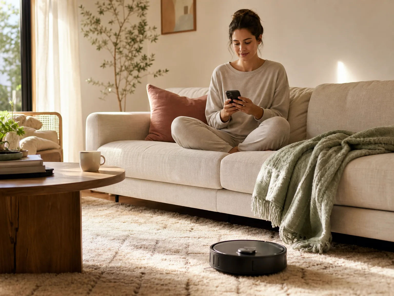 A woman in her early thirties sitting on a cream sofa with a phone in hand, a robot vacuum cleaning a rug in the foreground, warm morning light from a window
