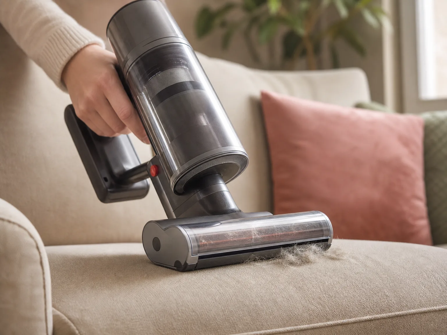 Close-up of a cordless handheld vacuum motorized brush head lifting pet hair from a cream sofa cushion in warm window light