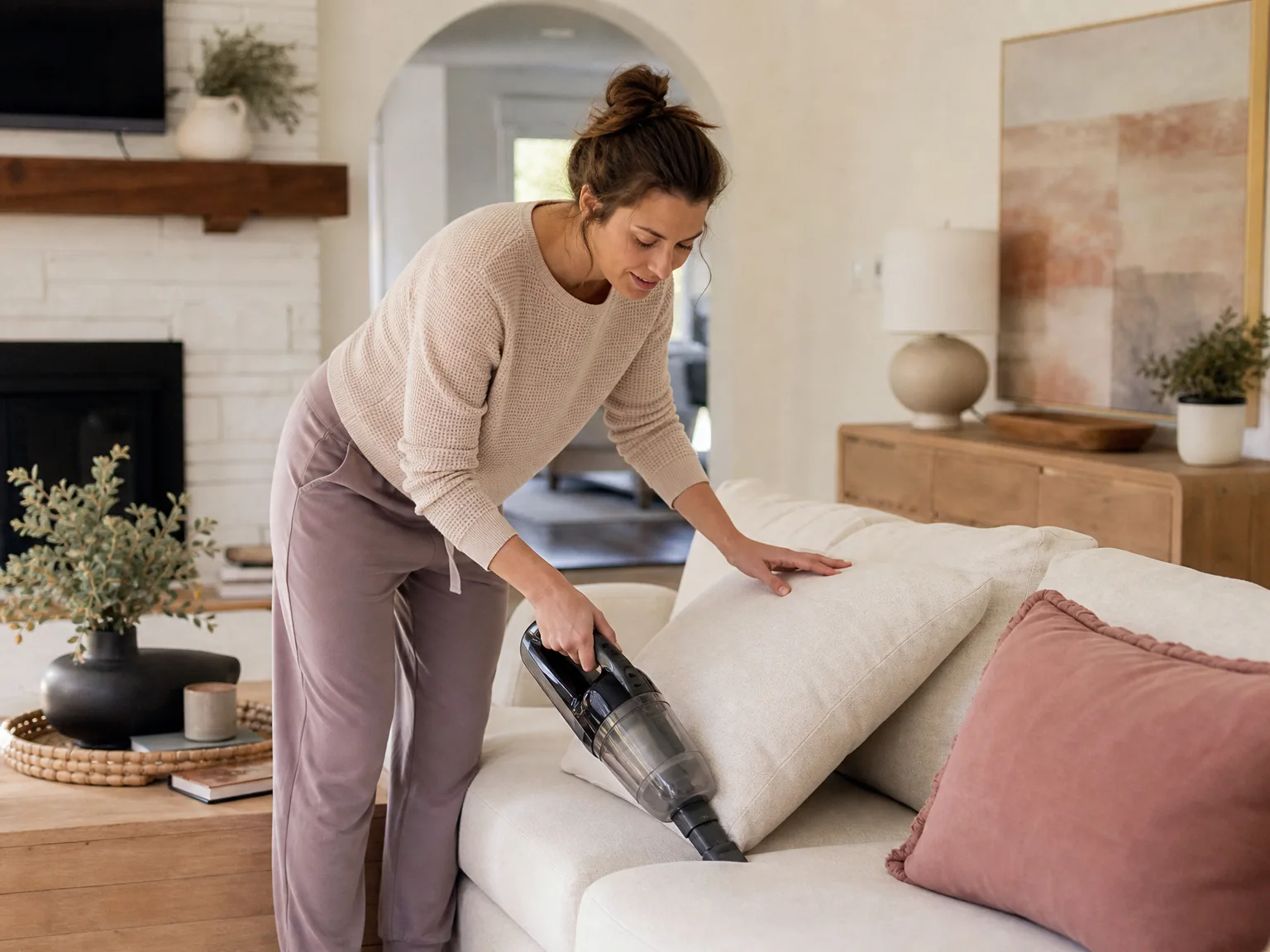 Woman in her thirties using a cordless handheld vacuum on a cream sofa cushion in a warm sunlit living room