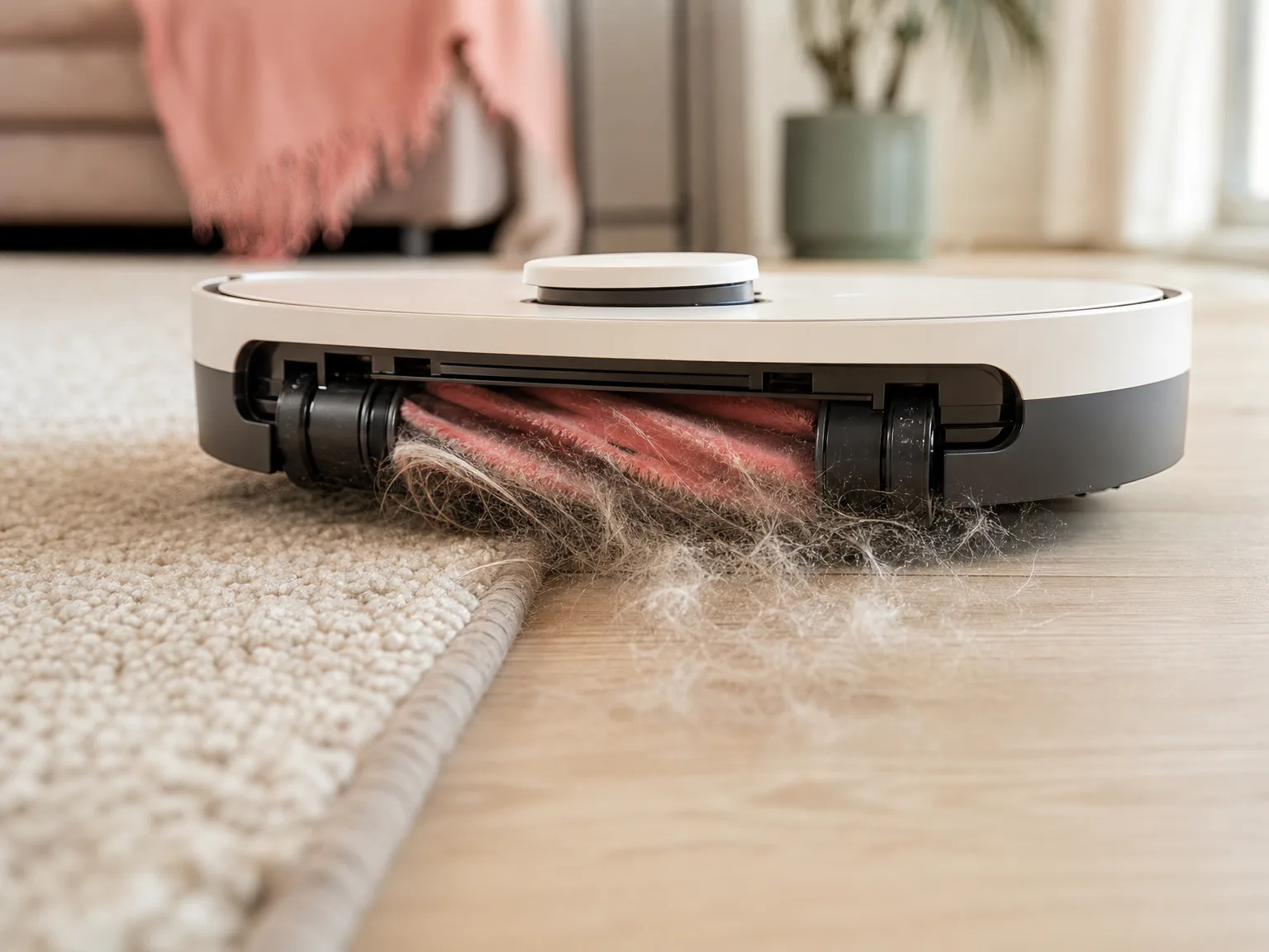 Close-up of a robot vacuum brushroll lifting pet hair from cream hardwood near a rug edge in warm window light