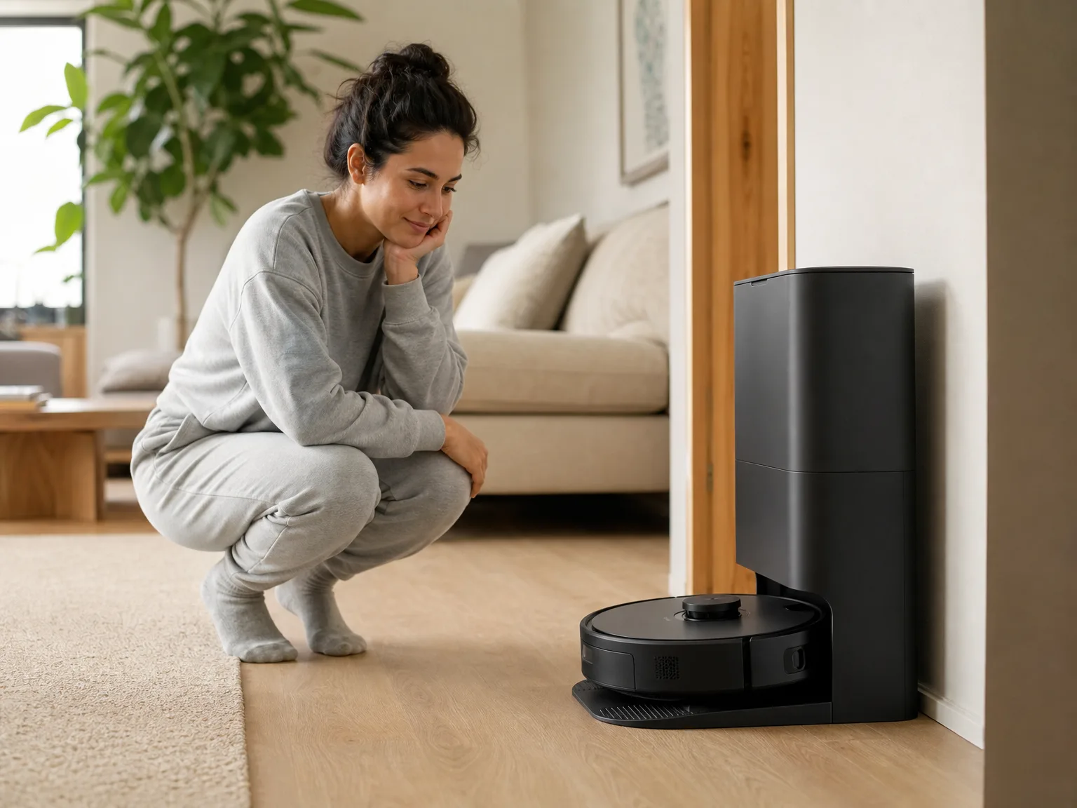 Woman in loungewear watching a robot vacuum return to a self-empty dock in a sunlit living room