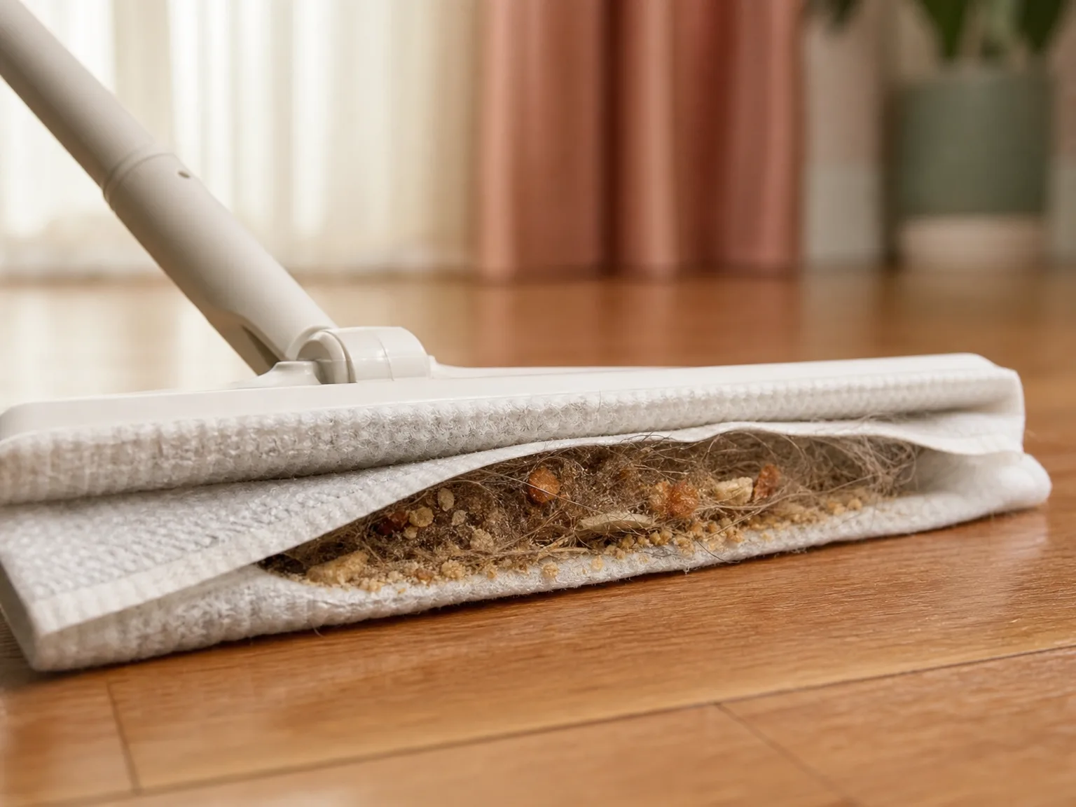 Close-up of a disposable hard-floor cleaning pad locking dry crumbs and pet hair into a pocket on sealed hardwood