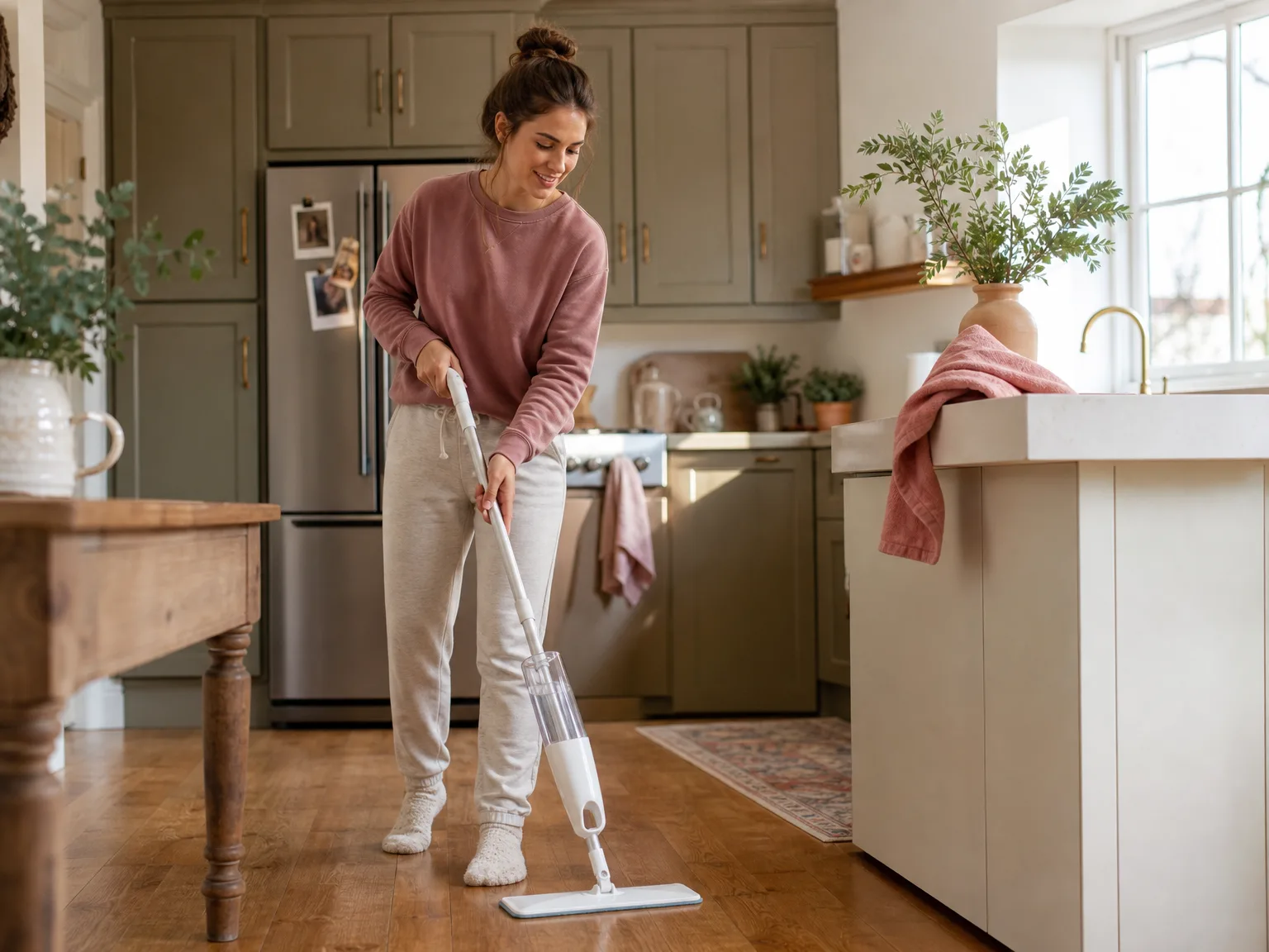 Woman in casual loungewear using a lightweight cordless spray mop on sunlit sealed hardwood in a lived-in kitchen