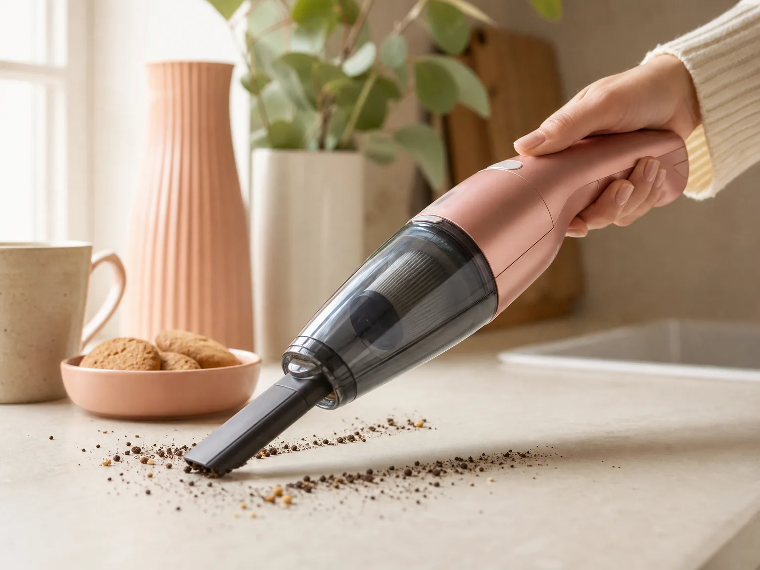 Close-up of a slim cordless handheld vacuum nozzle clearing crumbs from a warm cream kitchen counter, soft window light