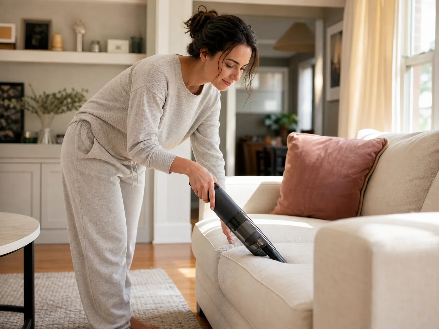 A woman in her early thirties using a slim cordless handheld vacuum along a cream sofa edge in a sunlit living room