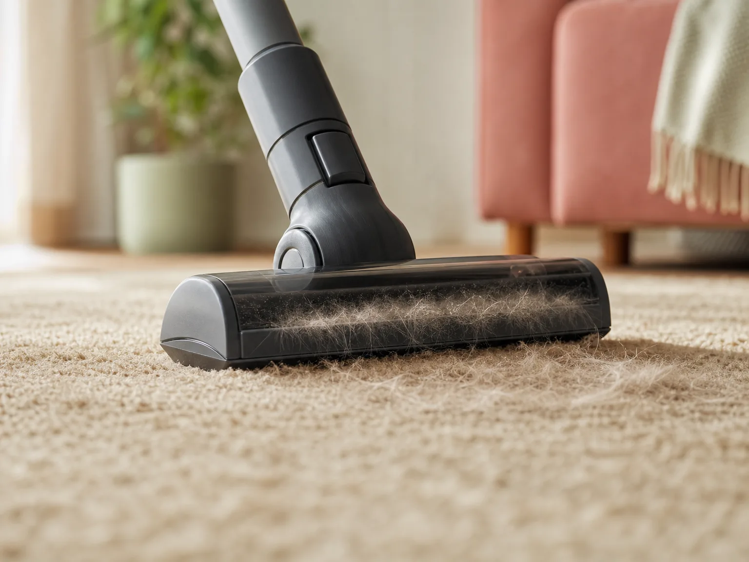 Close-up of an anti-tangle vacuum brush head lifting dog hair from a beige medium-pile rug