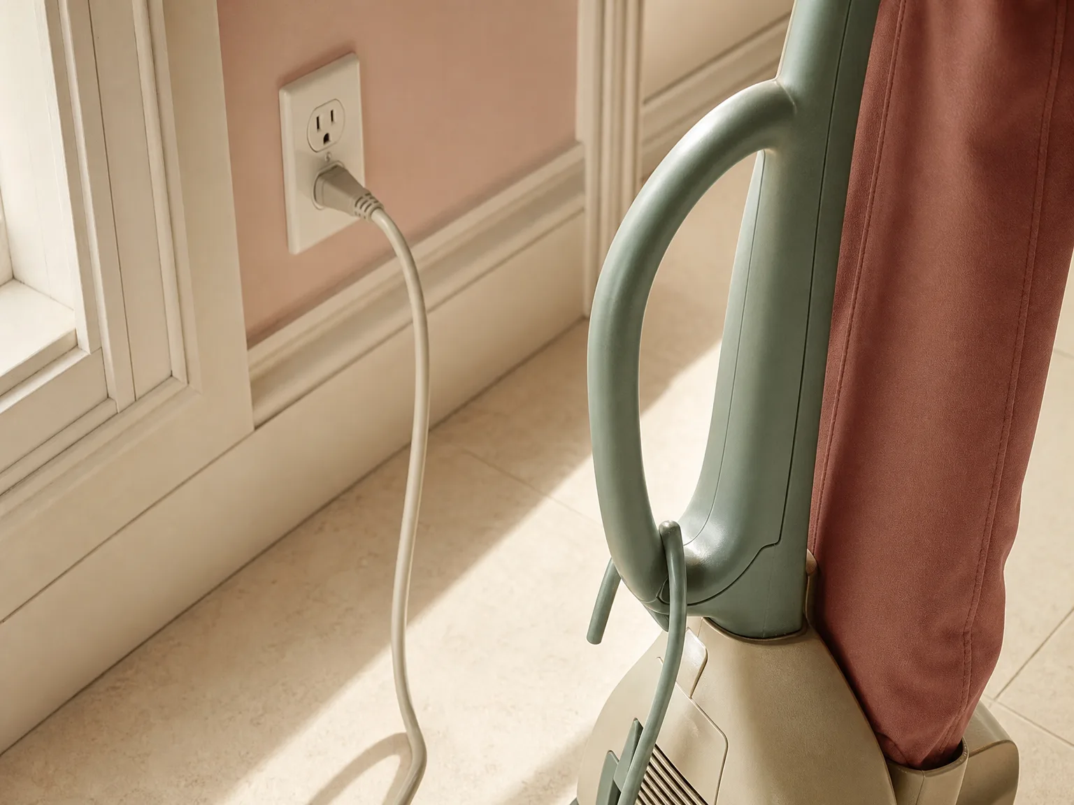 Close-up of a corded upright vacuum power cord and smooth handle grip on a cream floor