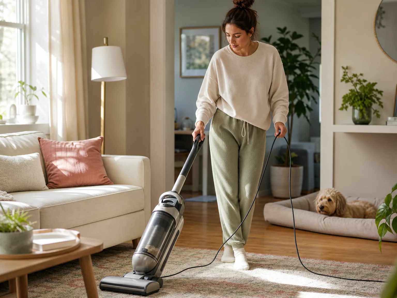 Woman guiding a corded upright vacuum across a sunlit living room rug in a home with dogs