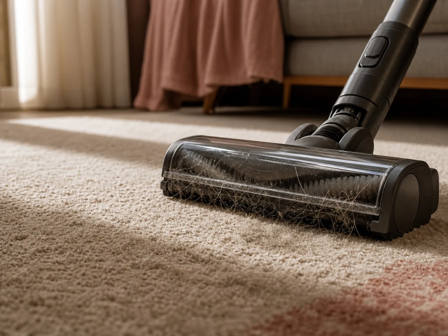 Close-up of a vacuum brush head lifting visible pet hair and dust from a beige area rug under warm window light
