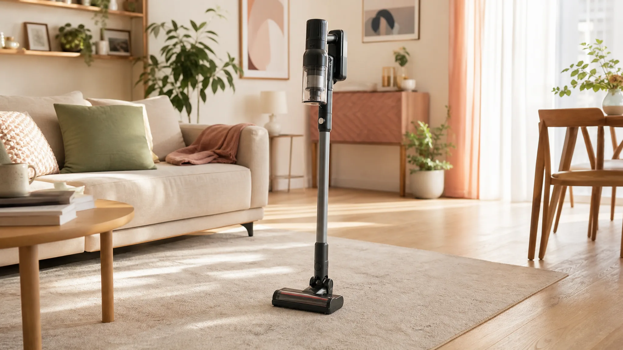 A cordless stick vacuum standing upright in a sunlit modern living room with warm cream walls and hardwood floors